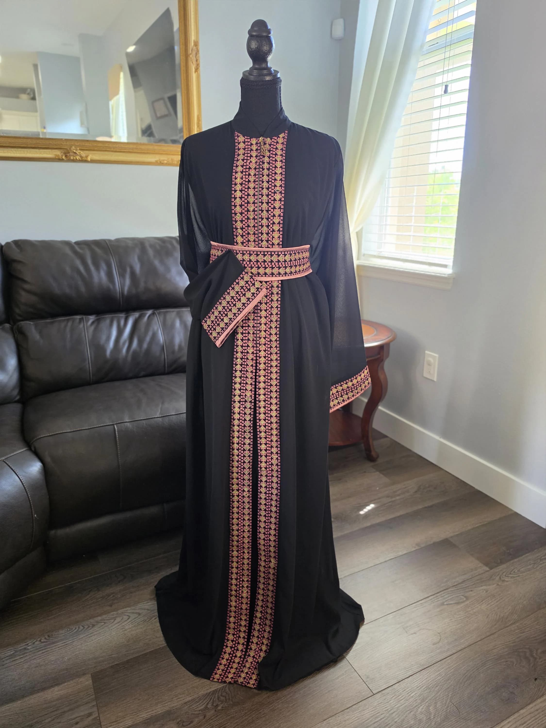 Embroidered Tatreez Black Abaya Thobe – Palestinian Kaftan with Belt (2 Pieces)