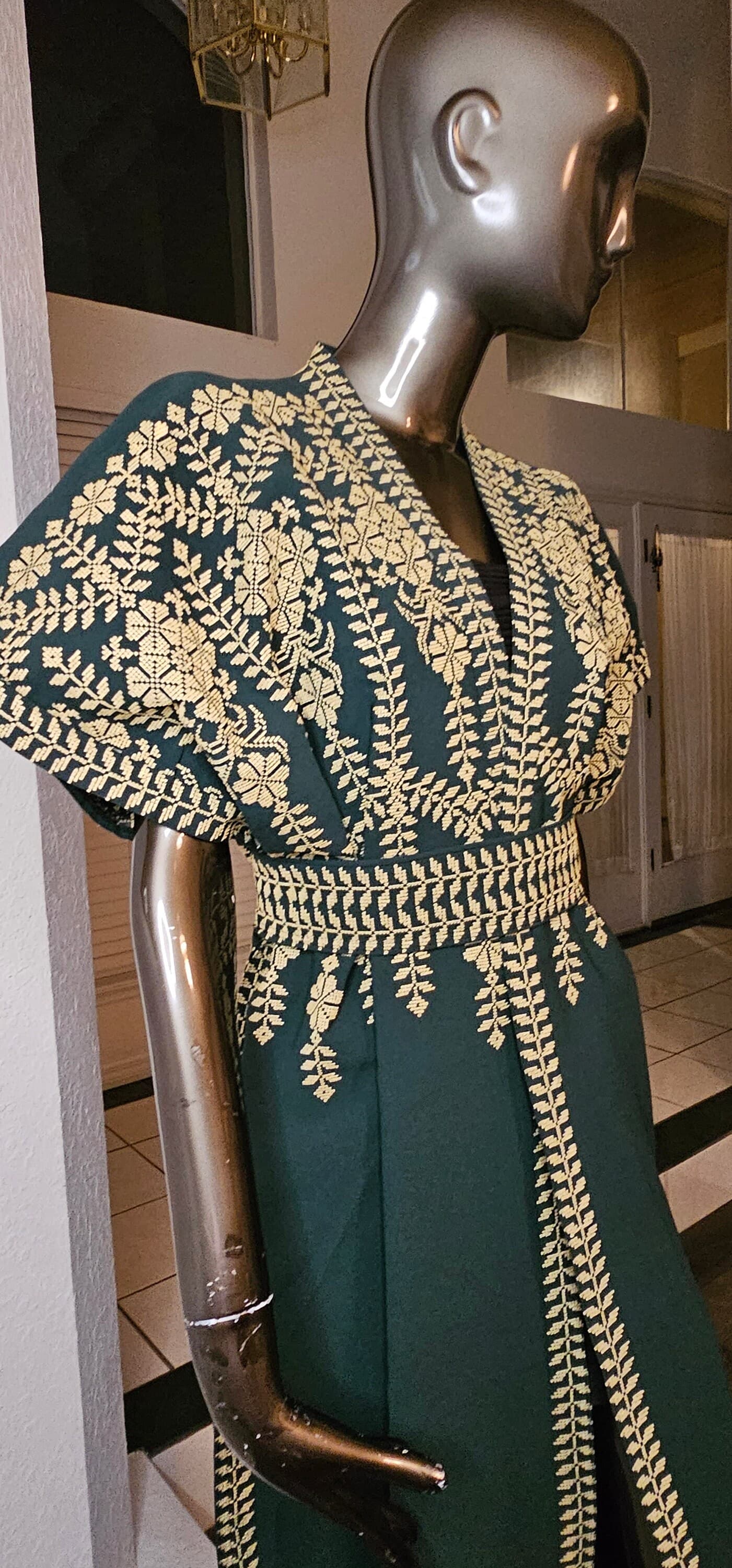 Green Embroidered Abaya: Palestinian Tatreez Kaftan Dress with Belt - image 4