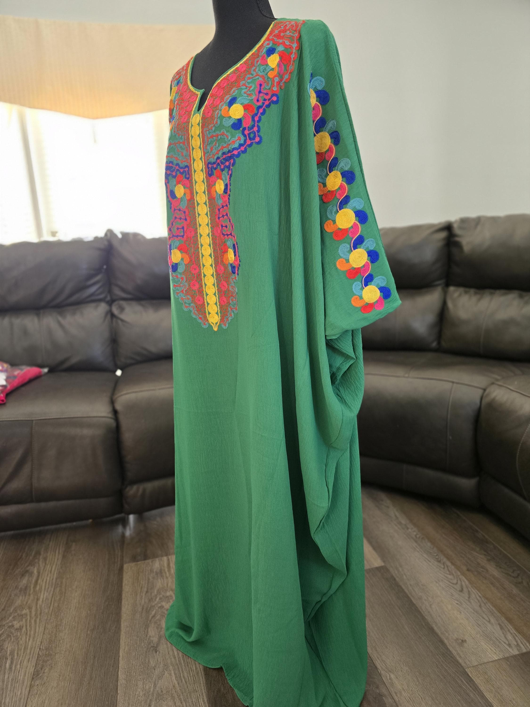 Green Georgette Tatreez Thobe Palestinian Abaya with Colorful embroidery Tatreez - image 3
