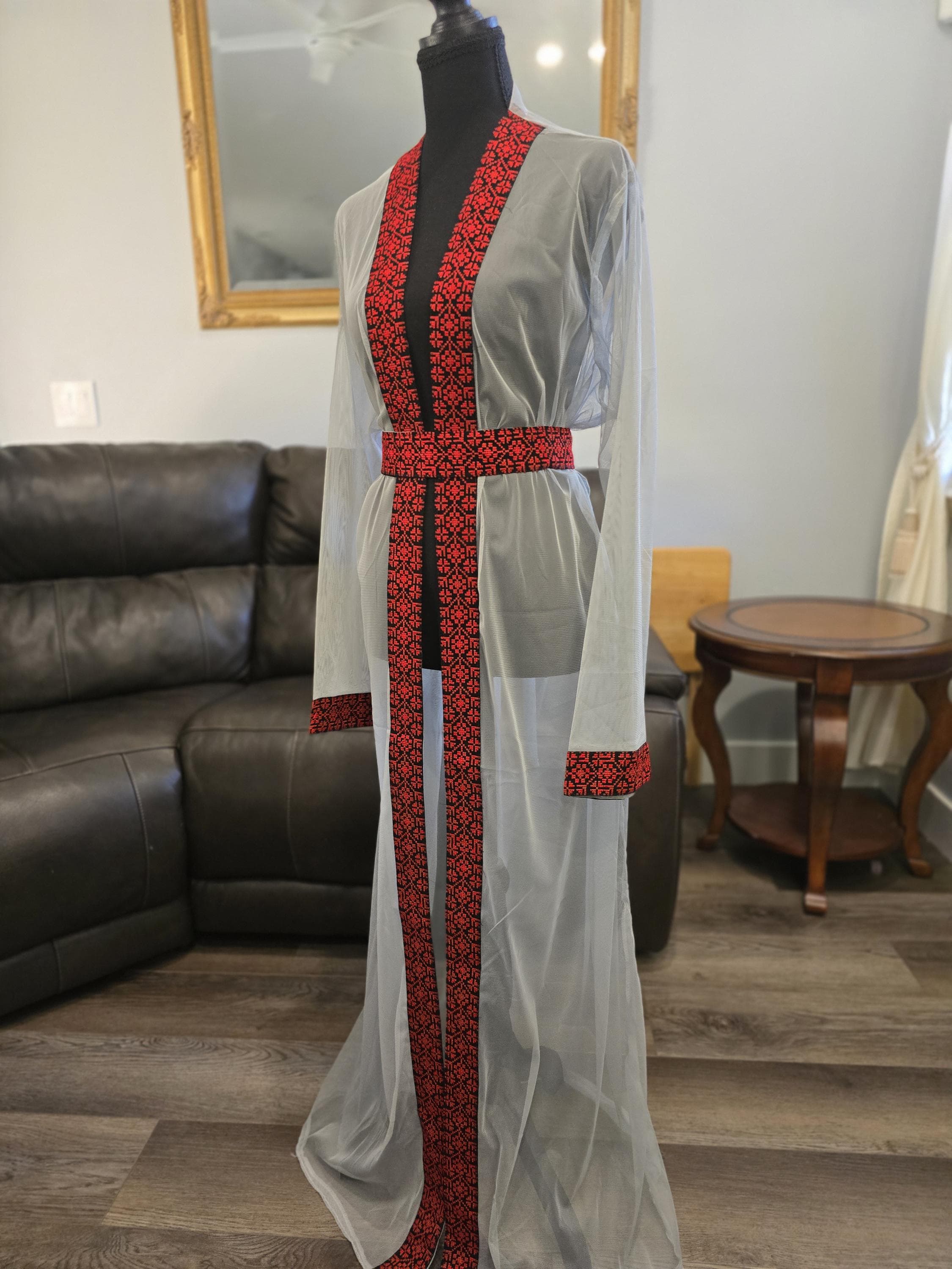 Gray Chiffon Abaya, Kaftan, Thobe with Red Embroidery/Tatreez Palestinian Jordanian & belt - image 3