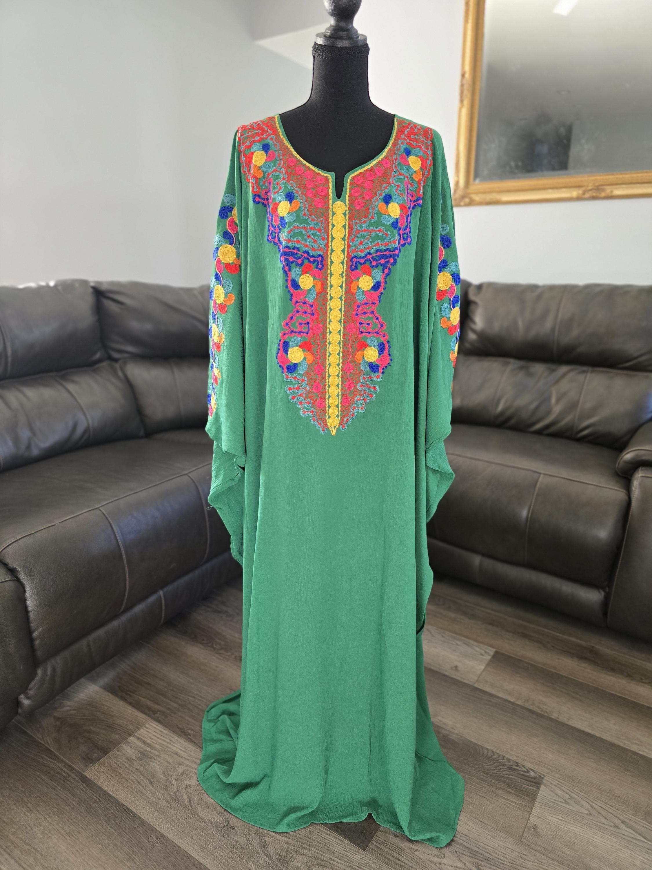 Green Georgette Tatreez Thobe Palestinian Abaya with Colorful embroidery Tatreez