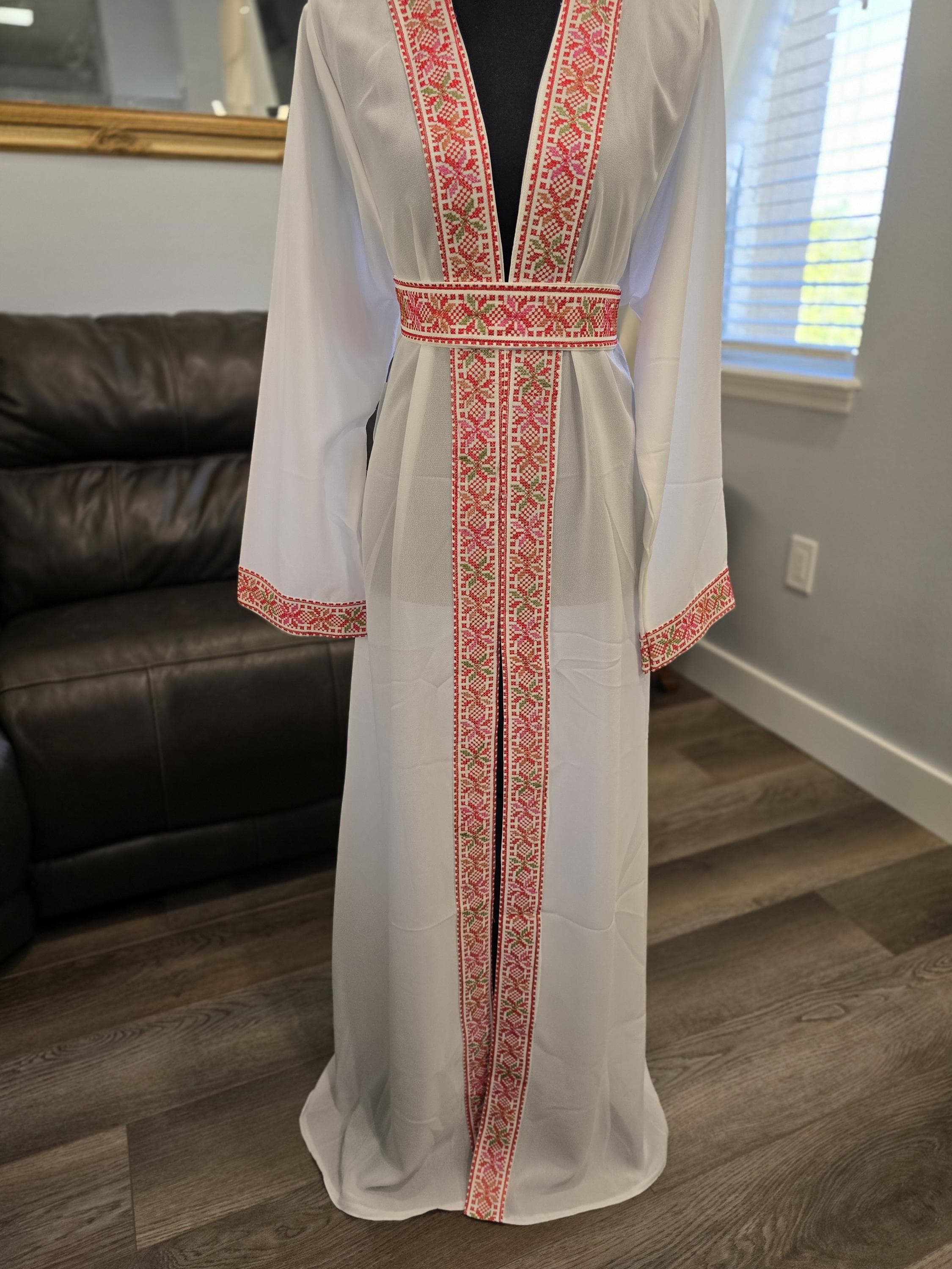 white Chiffon Abaya with Red and colored Tatreez Embroidery, Belted Kaftan Thobe - image 4