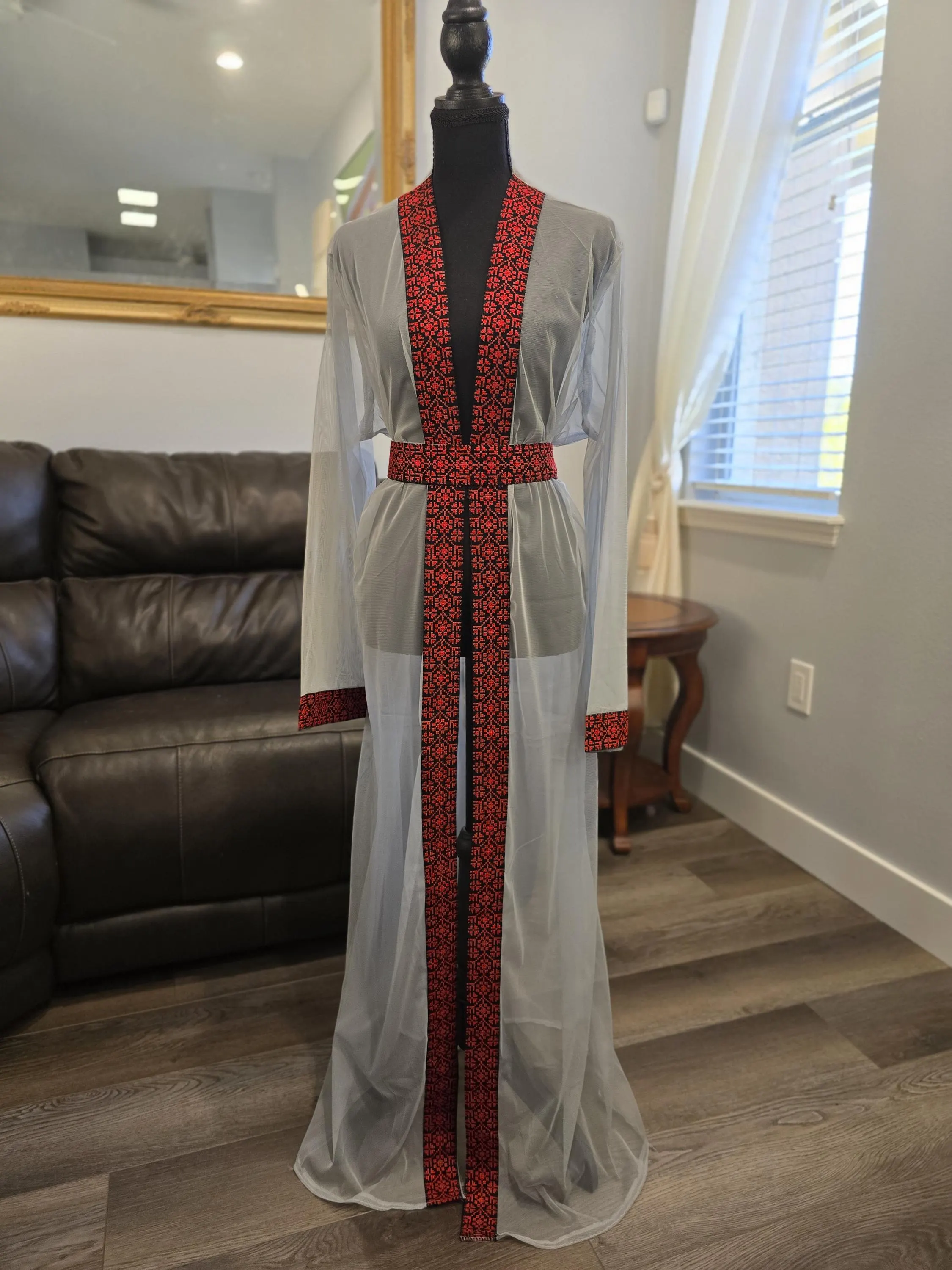 Gray Chiffon Abaya, Kaftan, Thobe with Red Embroidery/Tatreez Palestinian Jordanian & belt