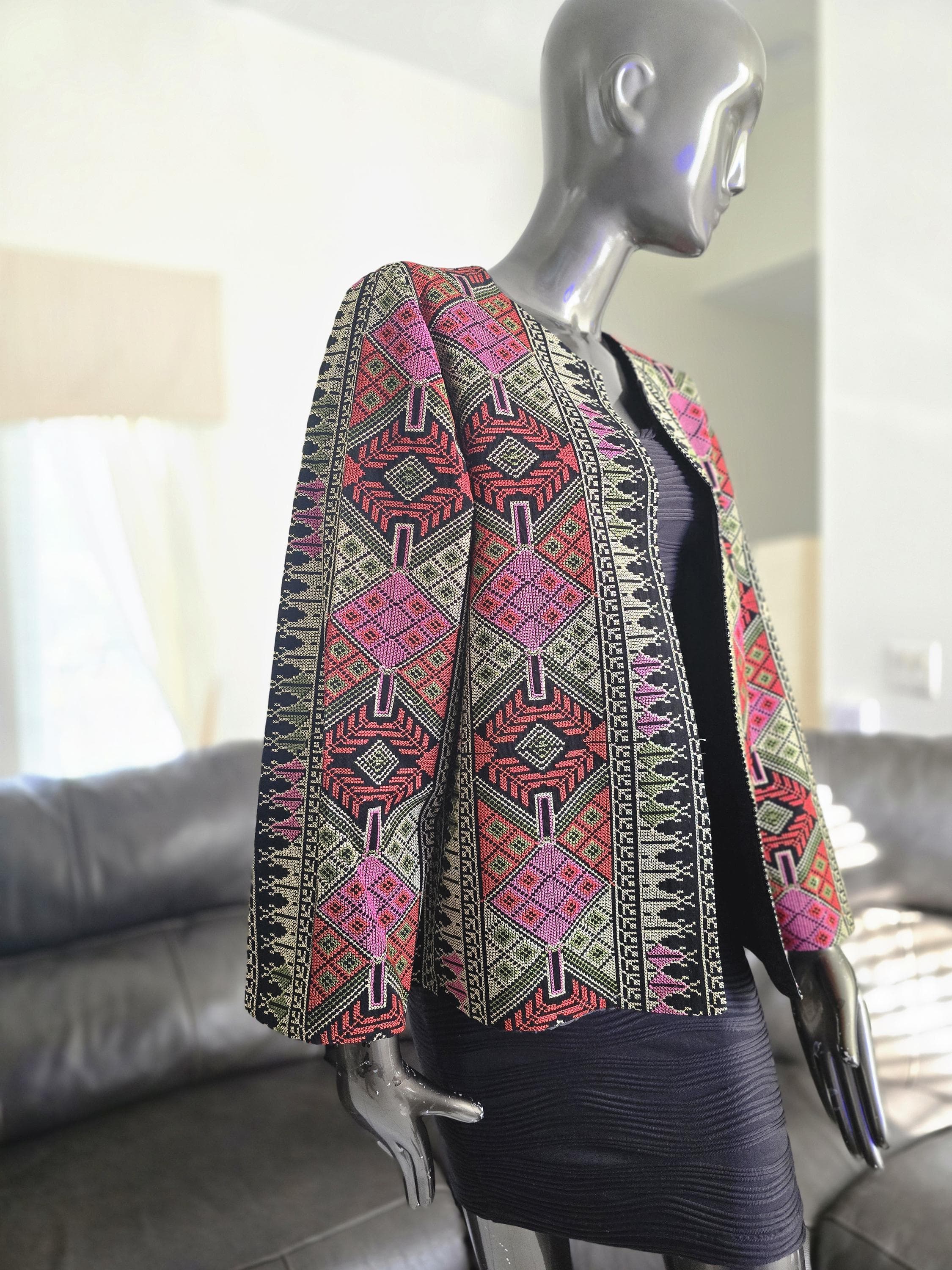 Full Embroidered Palestinian Jordanian Jacket with Gold, Red and Pink Tatreez from font, Back & sleeves Size 3/ Medium - image 4