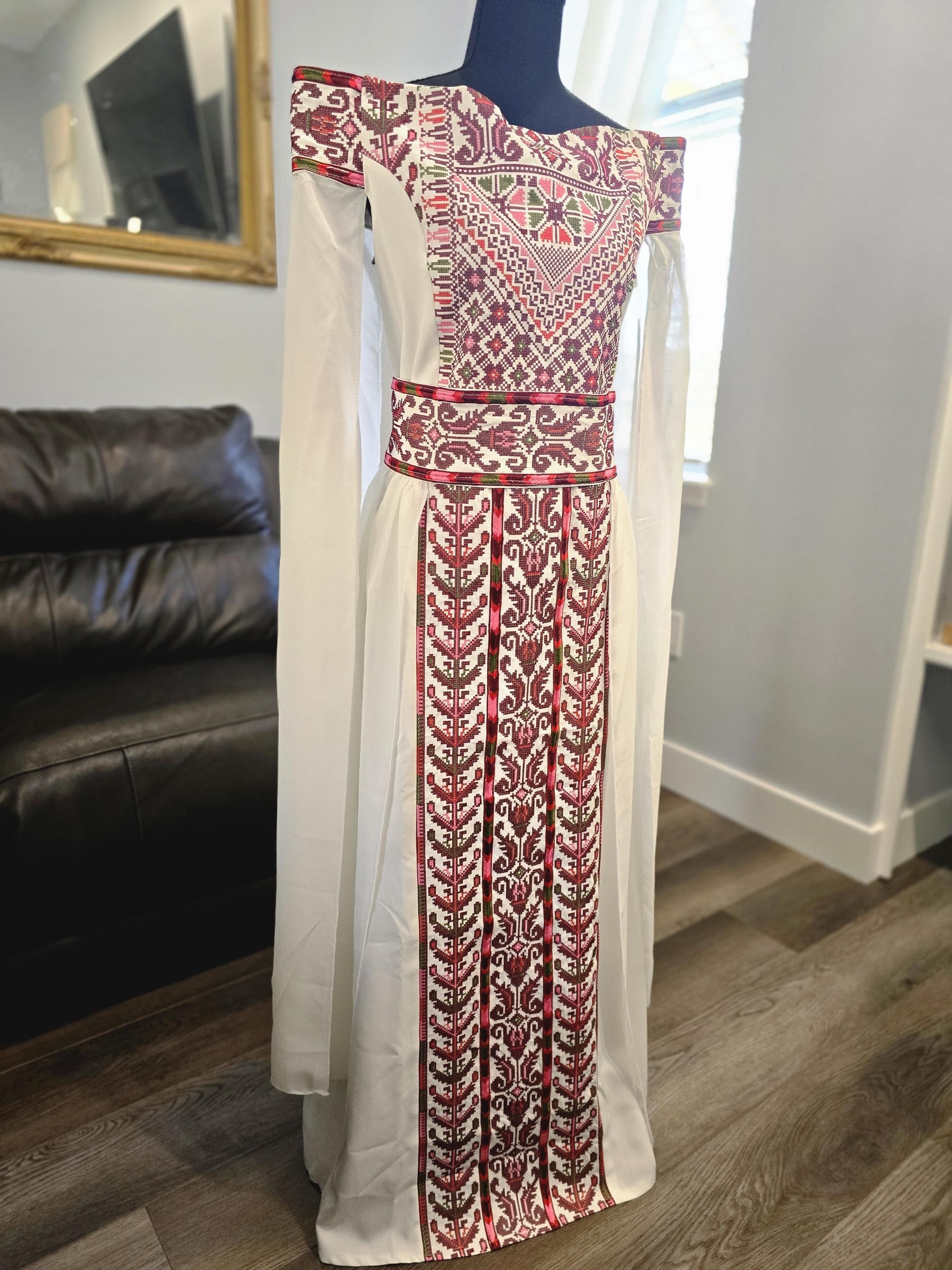 White embroidered off-shoulder Gown Dress thobe with Burgundy embroidery Tatreez & embroidered belt - image 2