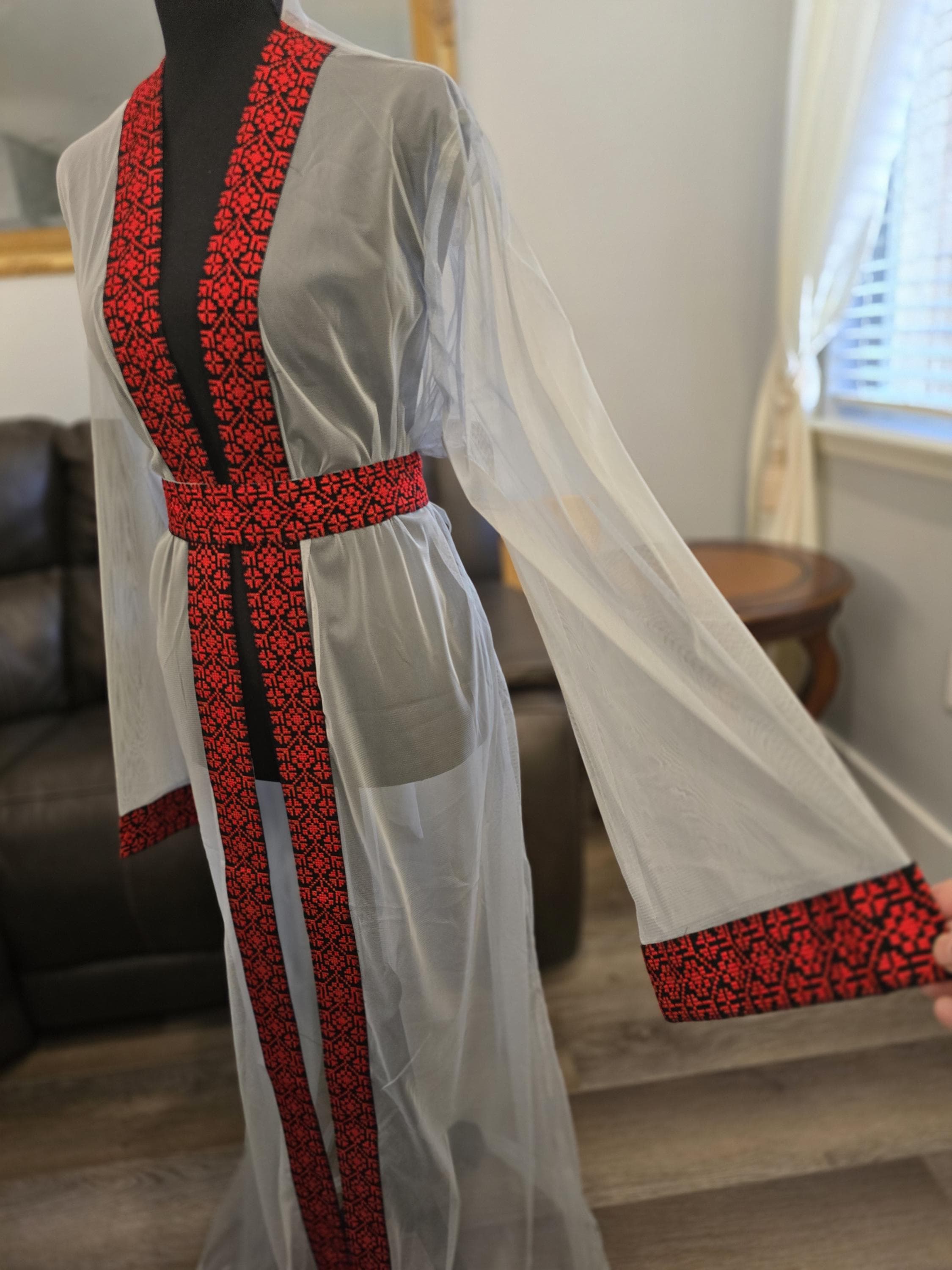 Gray Chiffon Abaya, Kaftan, Thobe with Red Embroidery/Tatreez Palestinian Jordanian & belt - image 4