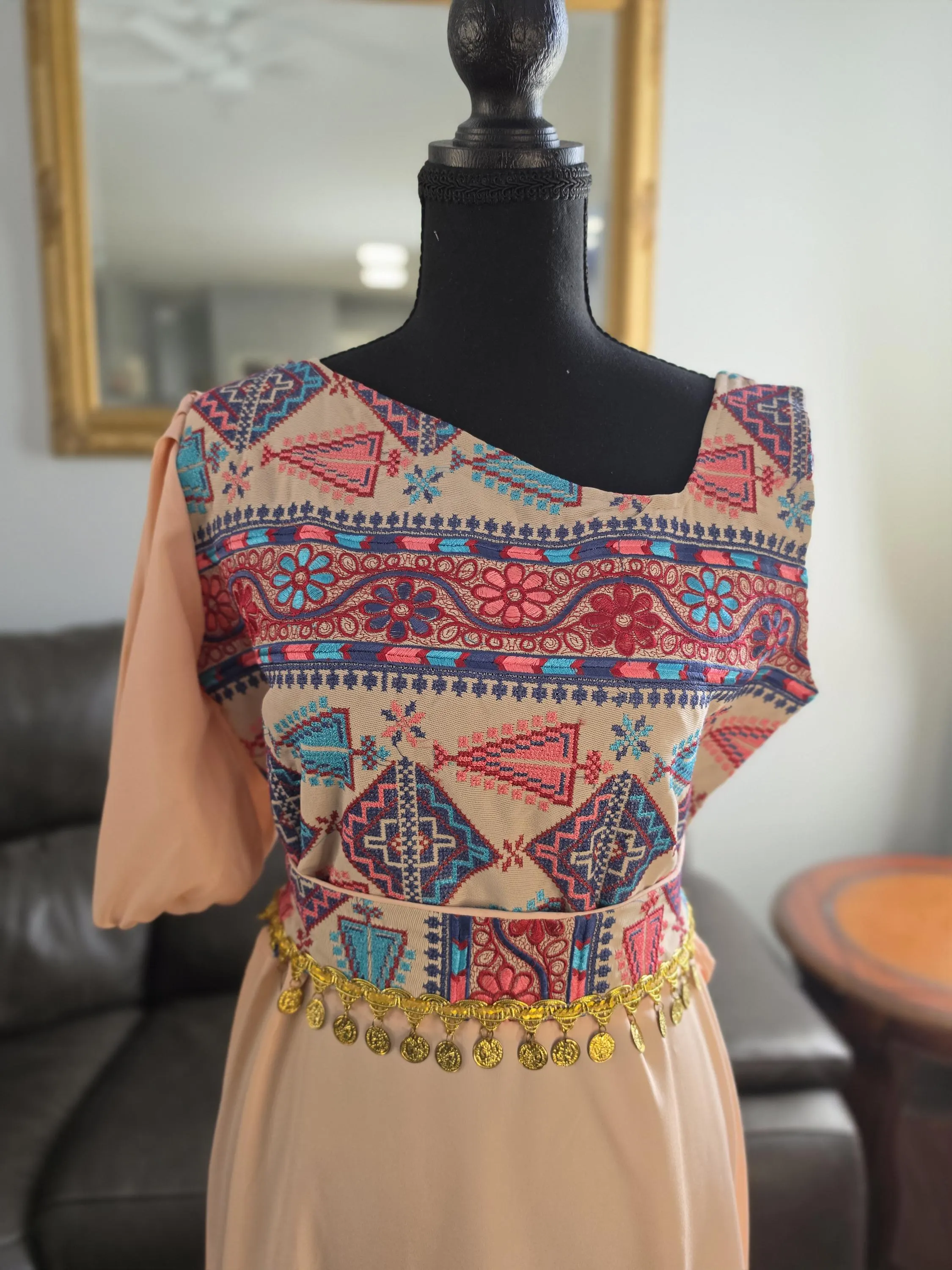 Modern One-Shoulder Tatreez Maxi Dress with Gold Coins Peach Chiffon Jordanian Palestinian Embroidered Gown - image 3