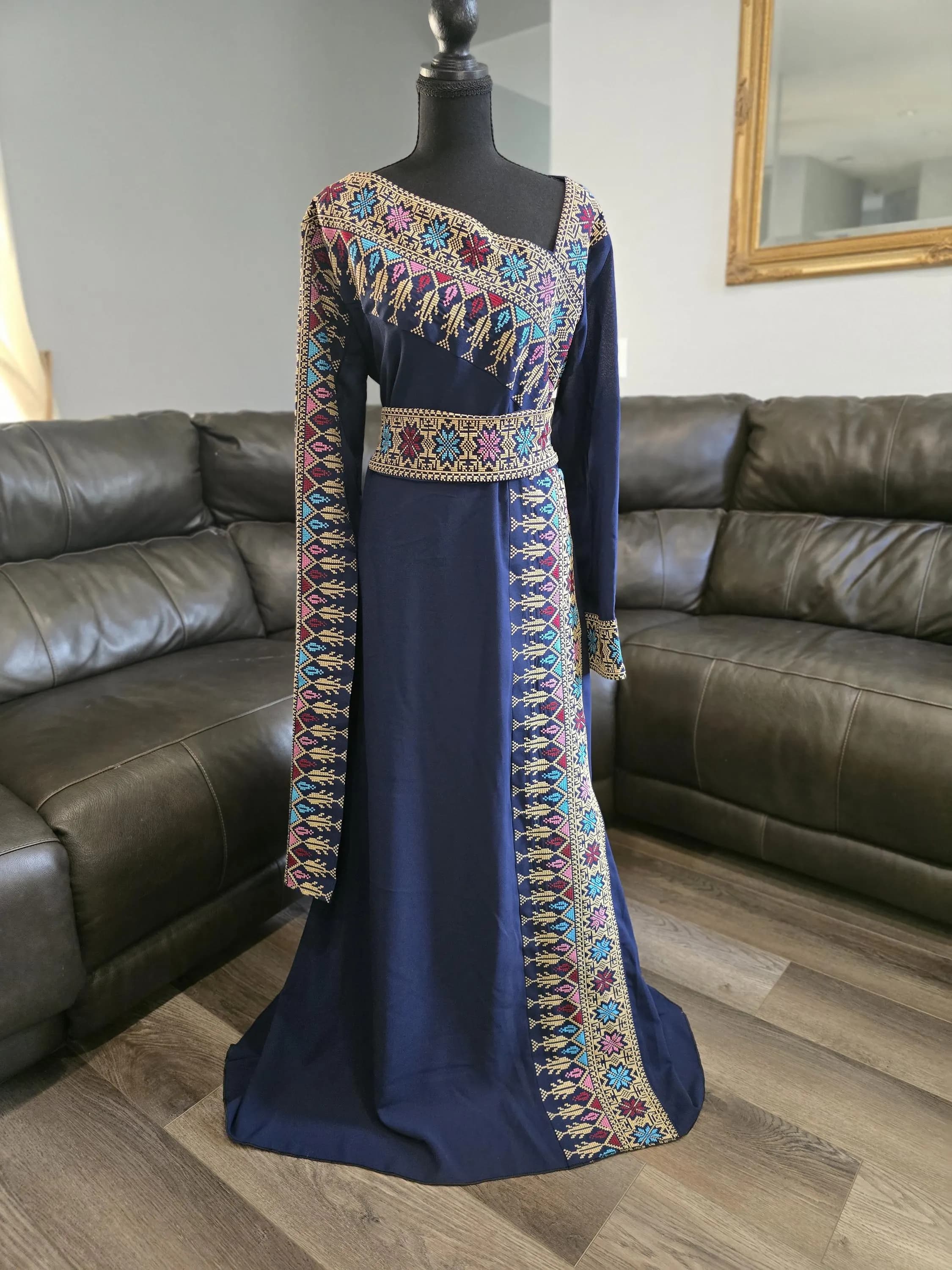Navy Blue embroidered Dress thobe with Gold embroidery Tatreez & embroidered belt