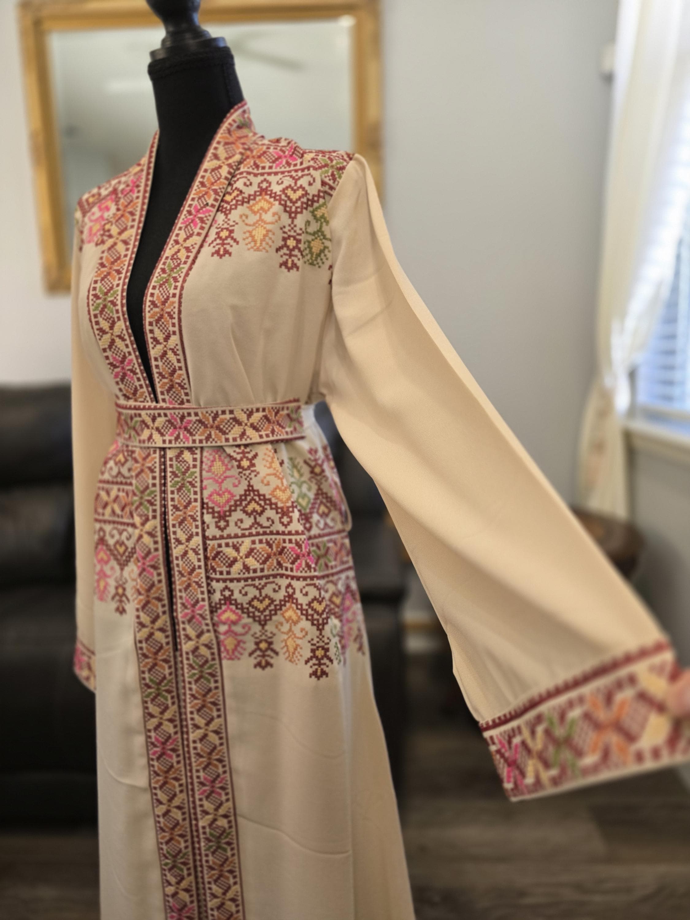 Beige and Brown Embroidered Chiffon Abaya, Palestinian Tatreez Thobe Kaftan with Belt - image 5
