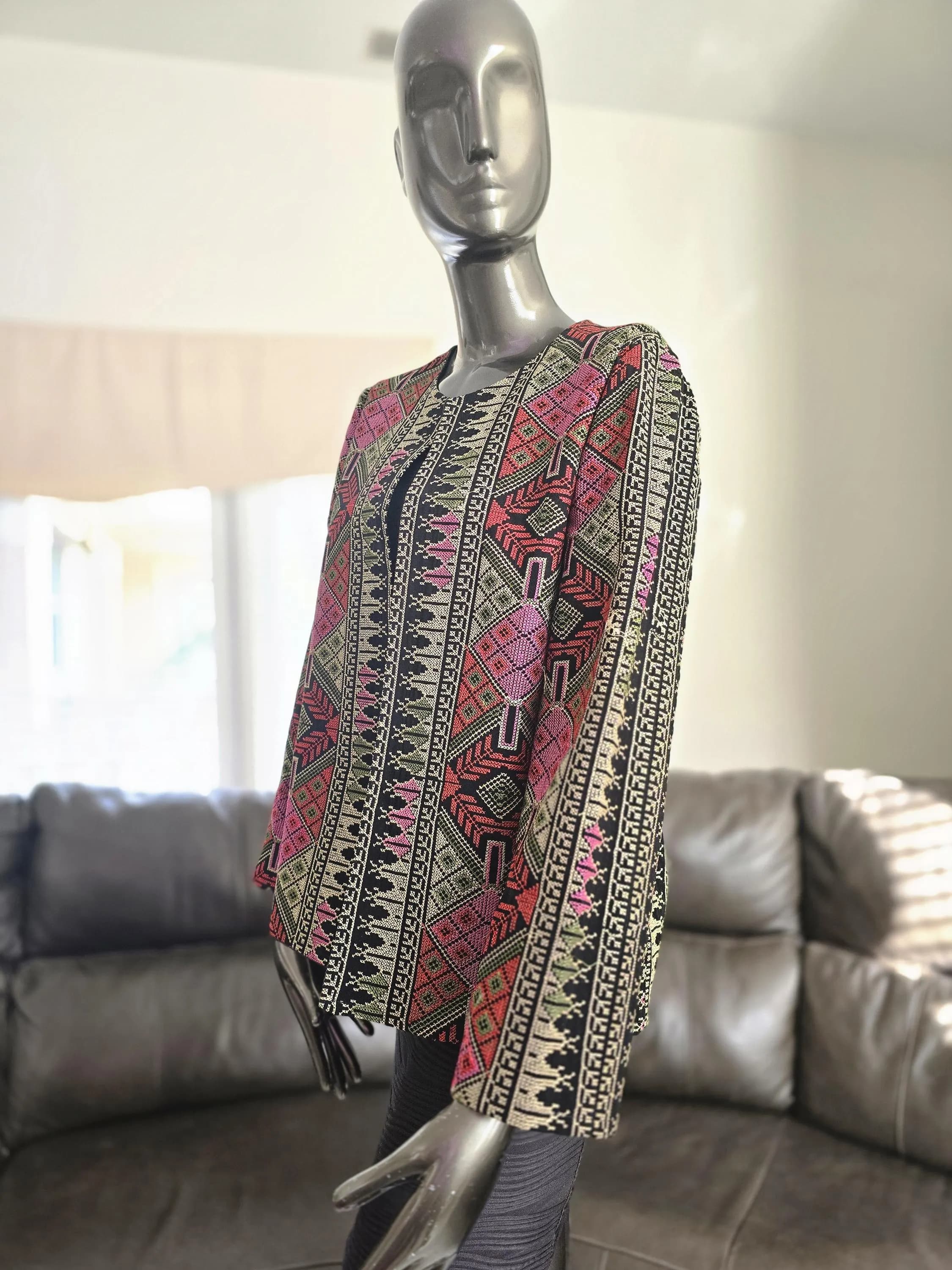 Full Embroidered Palestinian Jordanian Jacket with Gold, Red and Pink Tatreez from font, Back & sleeves Size 3/ Medium - image 3