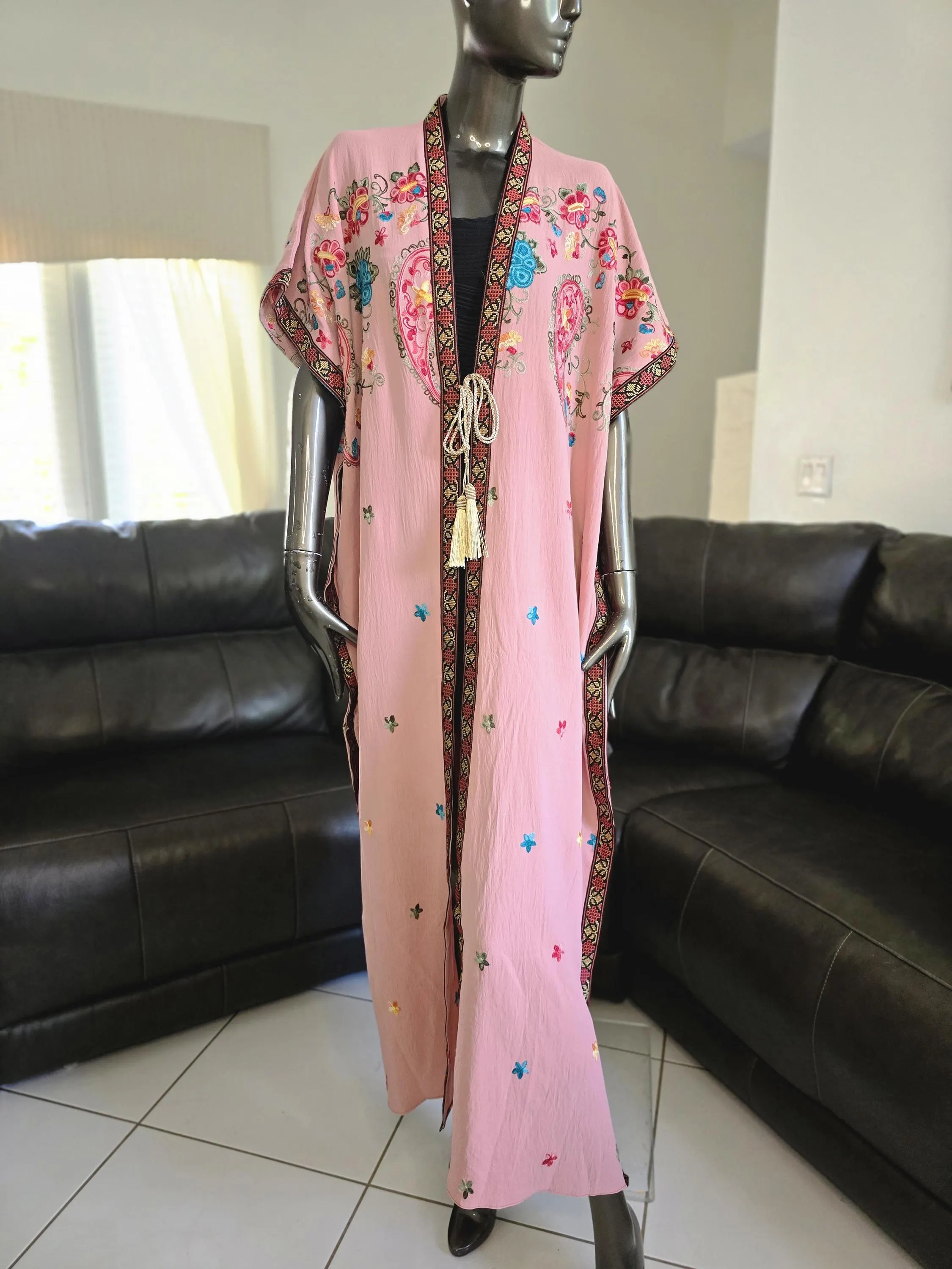 Peach Abaya / Bisht / Kaftan / Thobe with colorful floral embroidery Tatreez