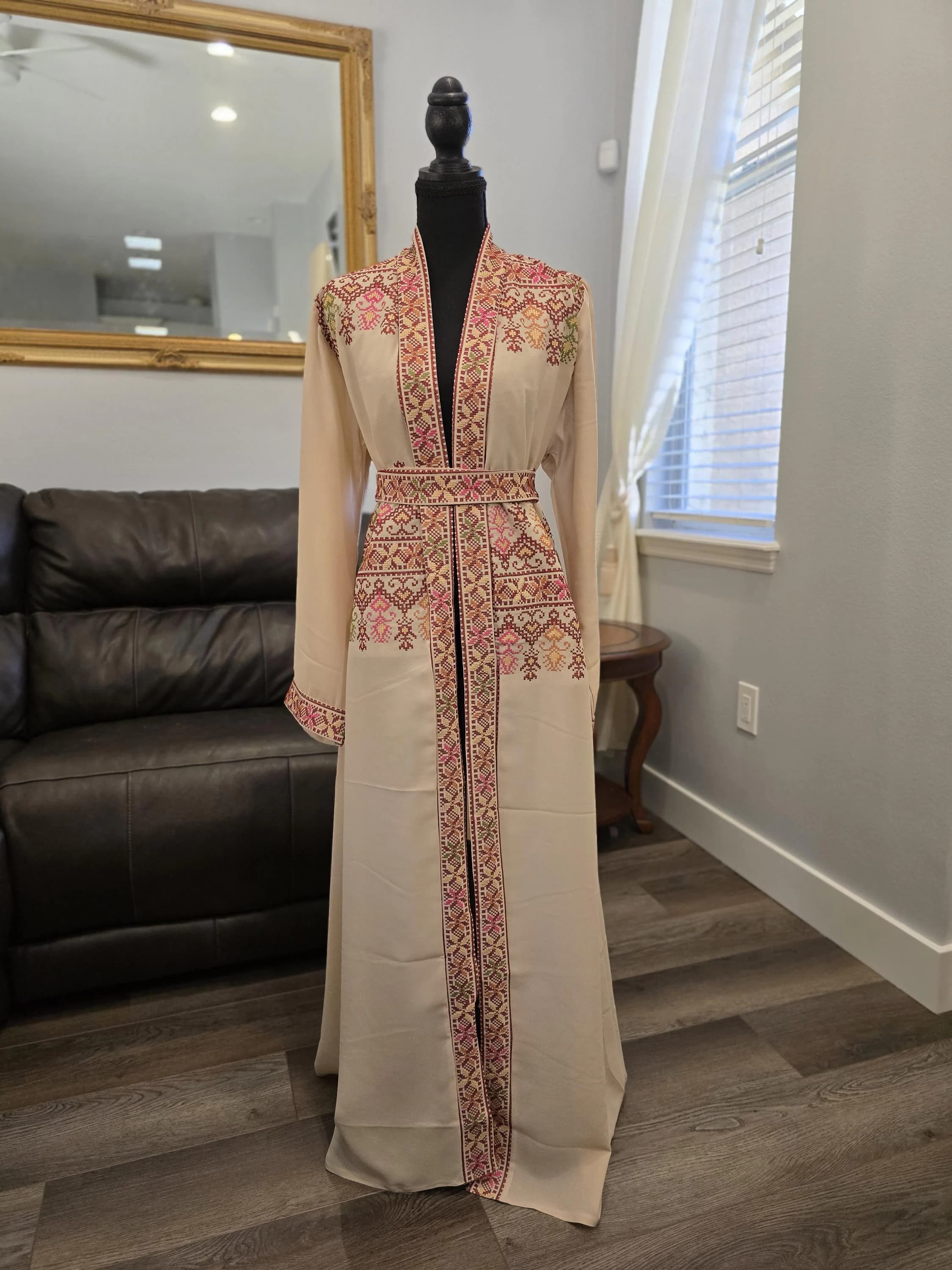 Beige and Brown Embroidered Chiffon Abaya, Palestinian Tatreez Thobe Kaftan with Belt - image 3