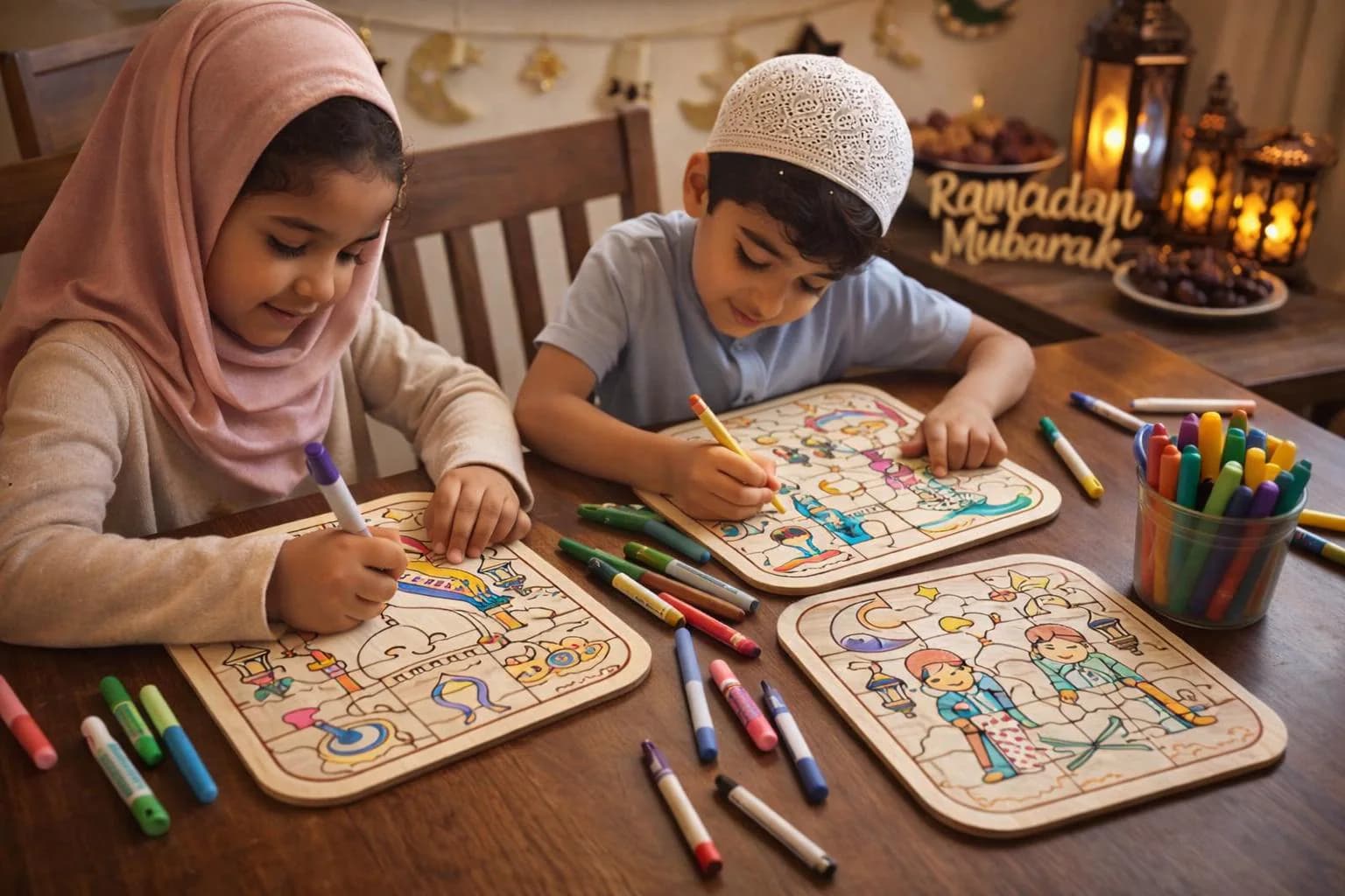 Ramadan & Eid Color Your Own Puzzle Set | Islamic Wooden Jigsaw Activities for Kids