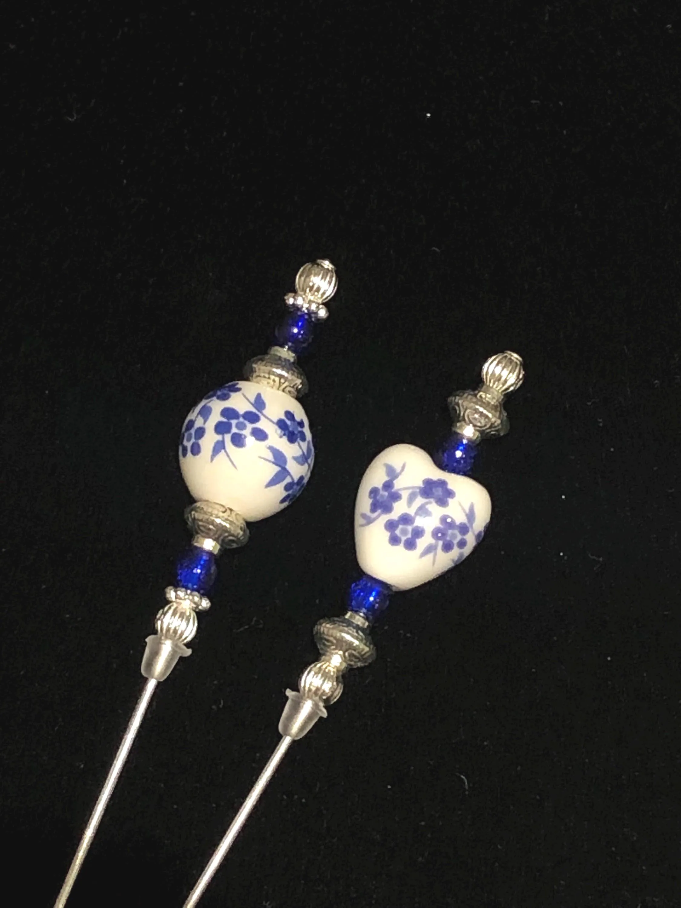 Blue flower pattern porcelain and silver hat pins/lapel pins /hijab pins/brooch pins: 2 beautiful designs in 2 lengths