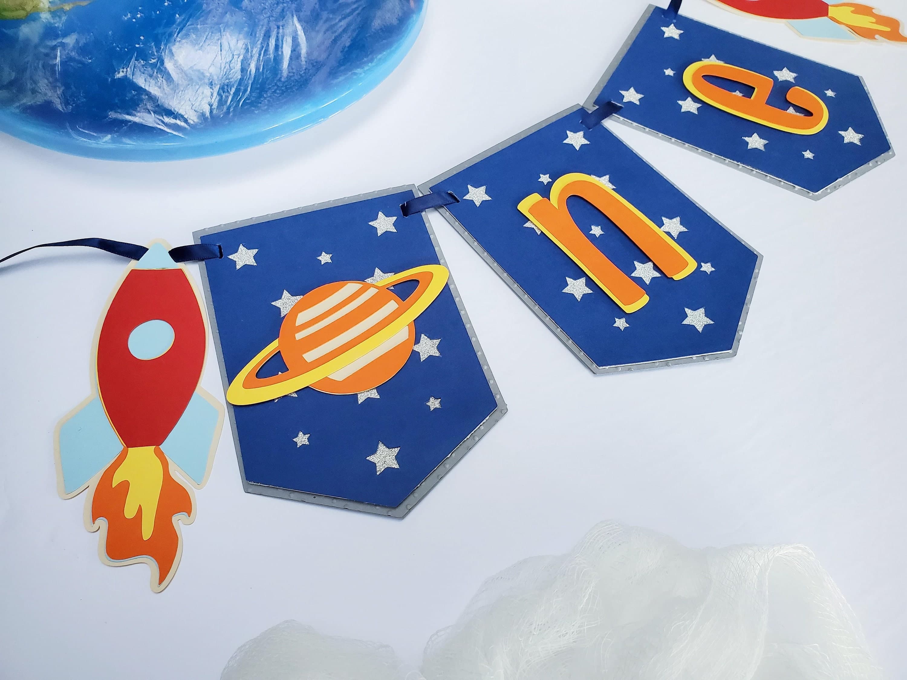 Space Astronaut High Chair Banner, Planet and Rocket Party Decorations, Two The Moon Garland, Spaceship Galaxy Star Themed Decoration - image 3