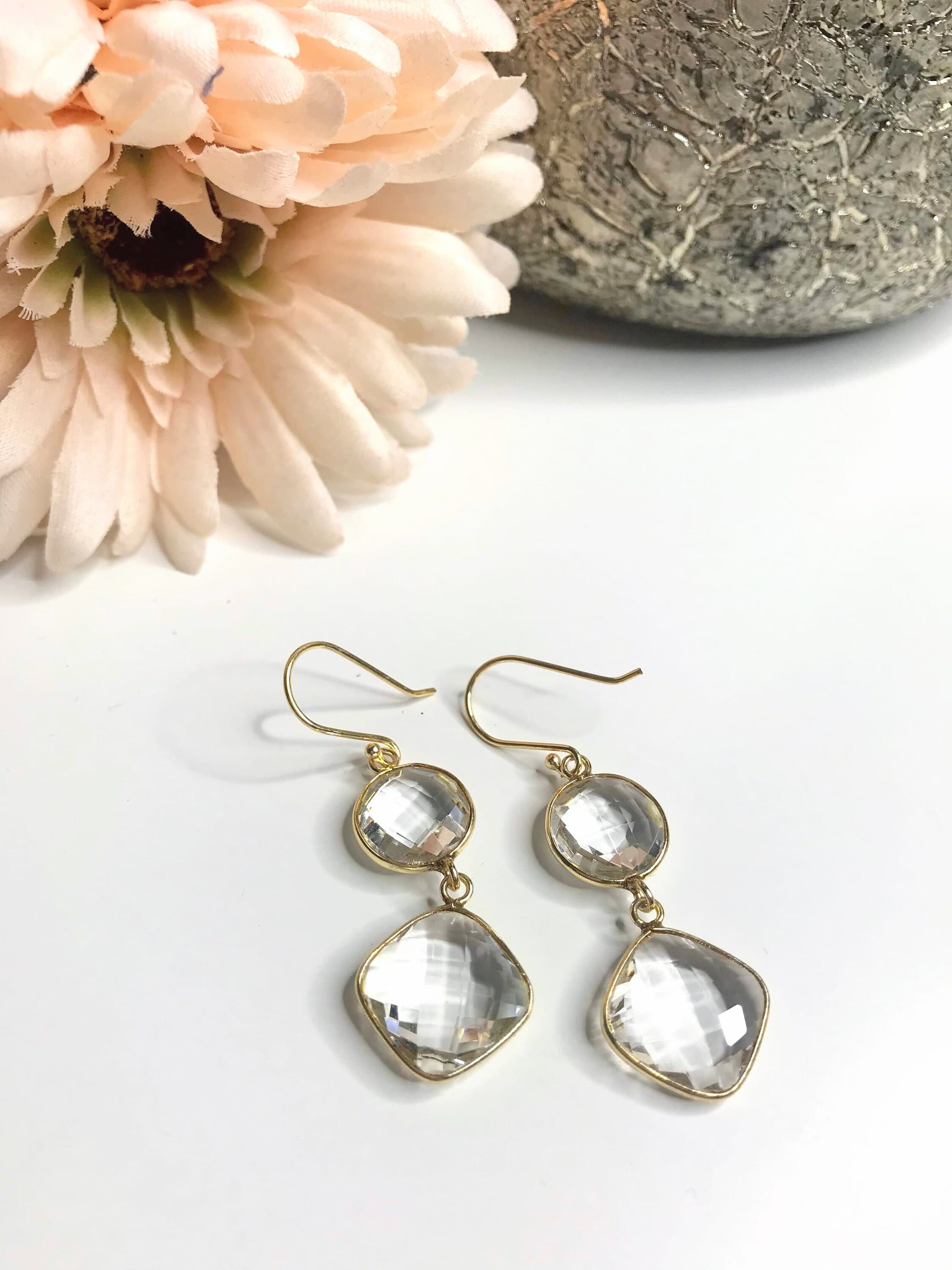 Clear Crystal Earrings, Clear Quartz Earrings Dangle, Crystal Ball Earrings, Faceted Crystal Jewelry Gold, Transparent Wedding Earrings - image 2