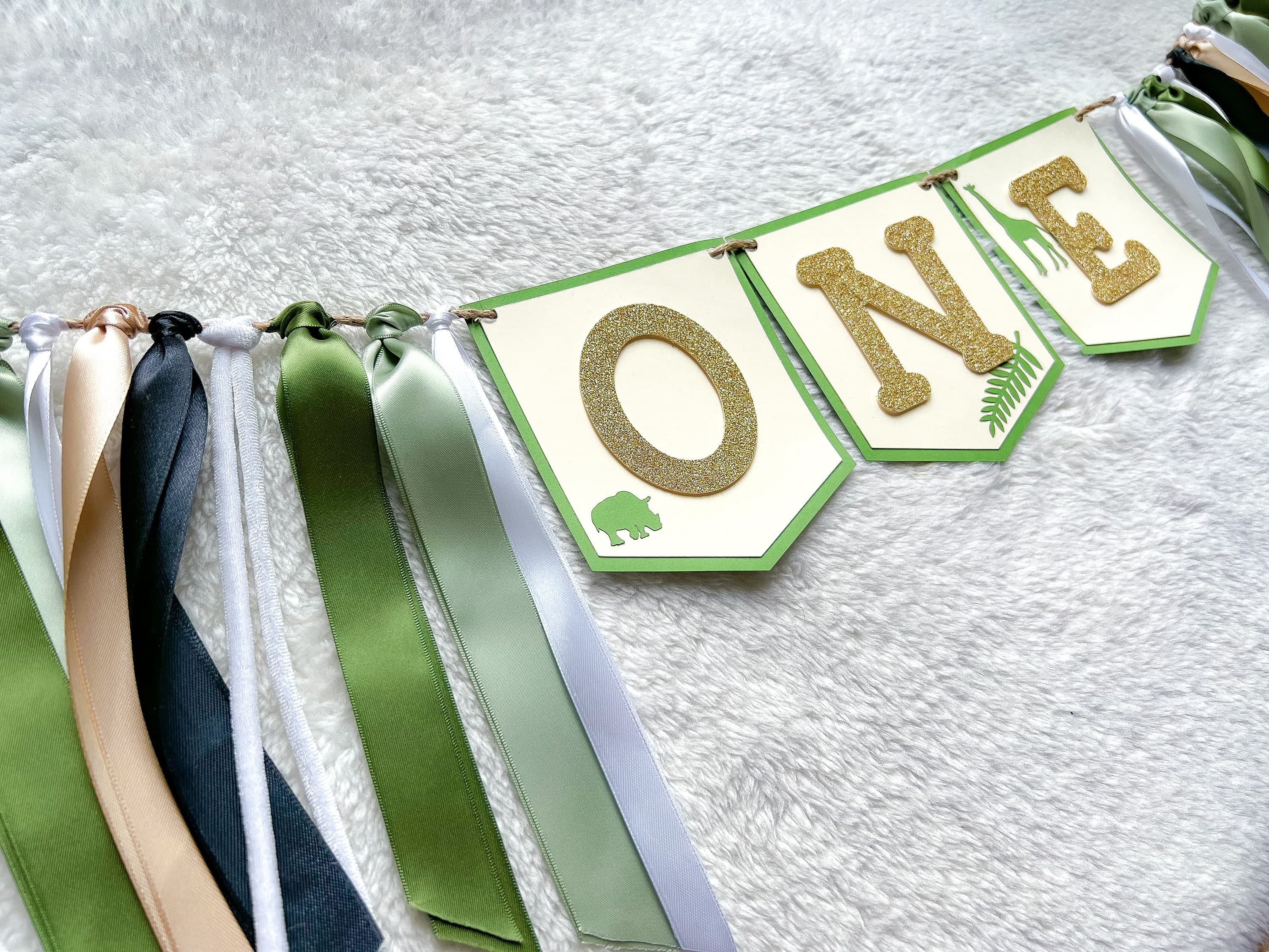 Safari Green High Chair Ribbon Banner, Smash Cake Ribbon Garland, Smash Cake Photo Prop, Jungle Baby Photoshoot - image 5