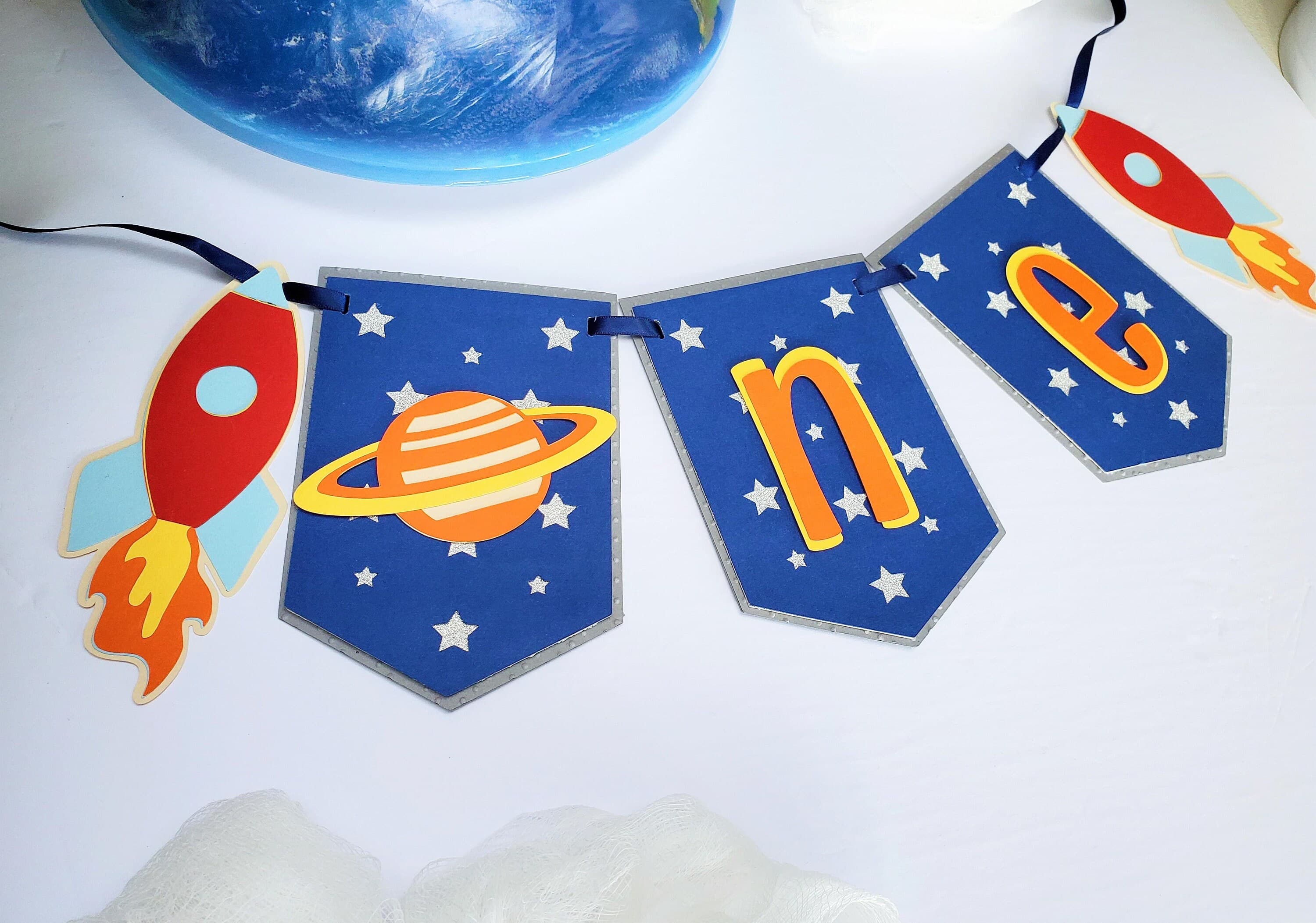 Space Astronaut High Chair Banner, Planet and Rocket Party Decorations, Two The Moon Garland, Spaceship Galaxy Star Themed Decoration