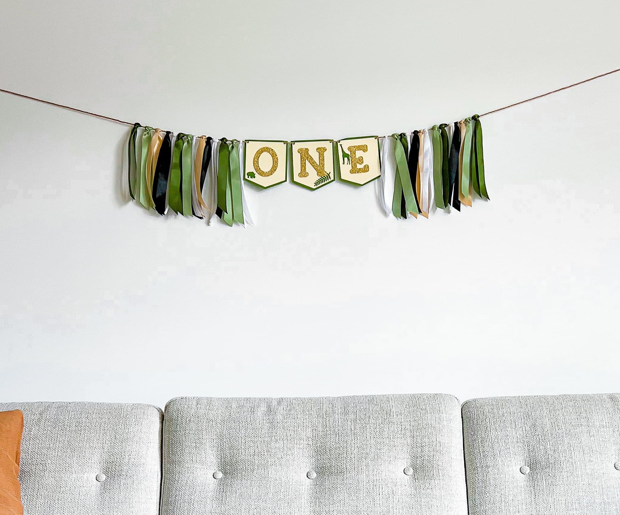 Safari Green High Chair Ribbon Banner, Smash Cake Ribbon Garland, Smash Cake Photo Prop, Jungle Baby Photoshoot - image 3