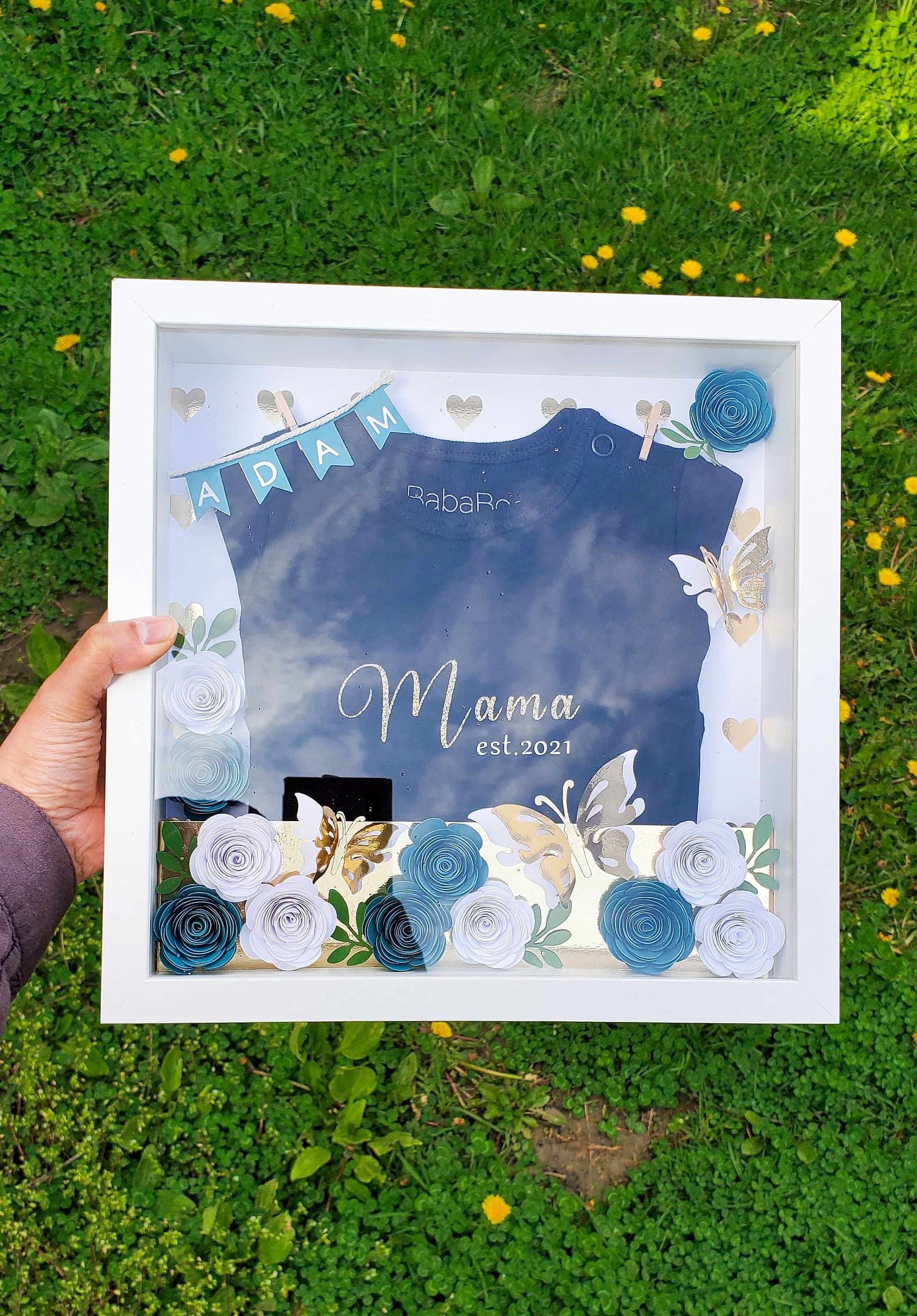 9x9 Custom Framed Paper Flower Shadow Box For a Newborn Baby, Nursery Wall Decor, Personalized Gifts For Mom, Gift For New Mom - image 3