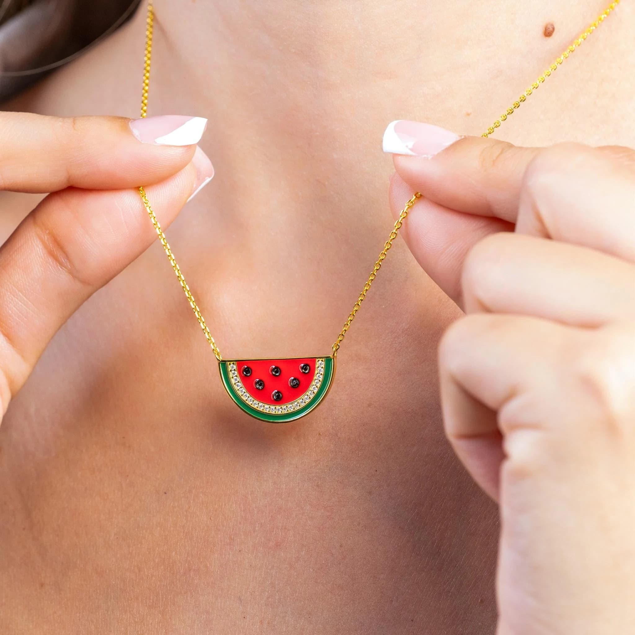 Palestine Watermelon Necklace with Diamonds and Enamel