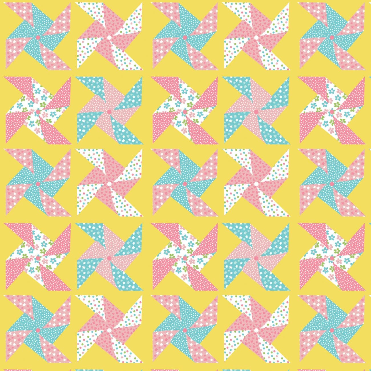 Pinwheel Cotton Fabric by the Yard - Pucker Up Floral Pinwheels Yellow - Puck Selders for Camelot 89220104-1