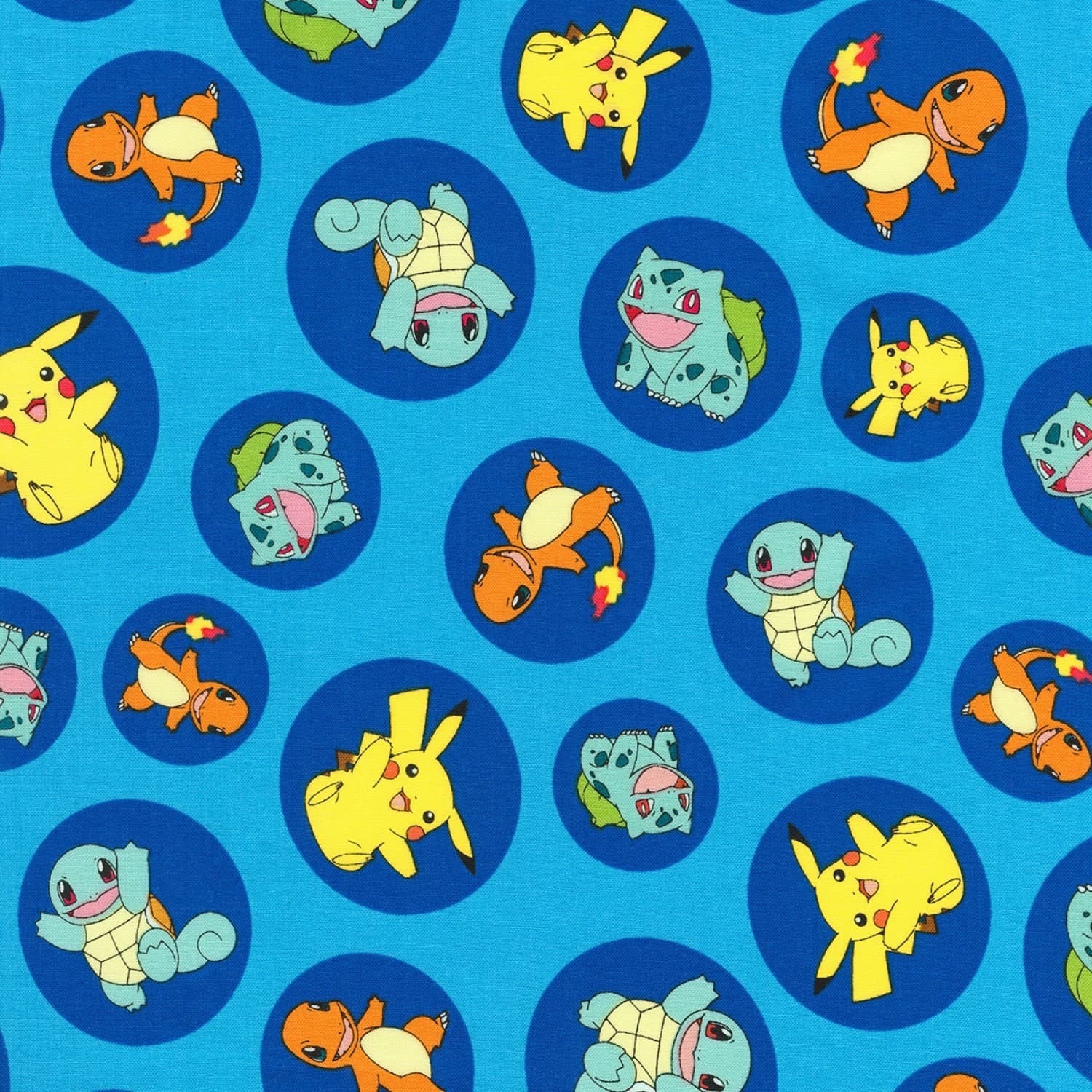 Pokémon Cotton Fabric by the Yard - Pokemon Character Circles on Blue - Robert Kaufman AOP177214