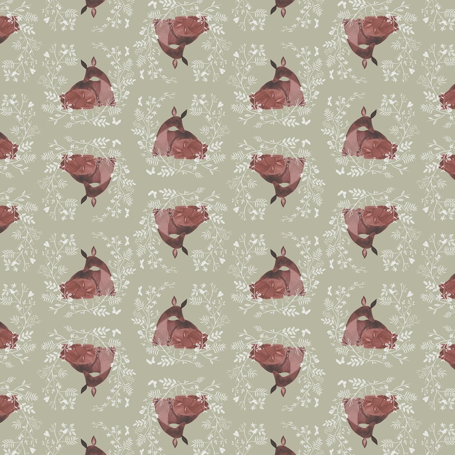 Woodland Cotton Fabric by the Yard - Floral Forest Deer and Fawn Tarragon - Faye Nye for Dear Stella DFN3435-TARRAGON