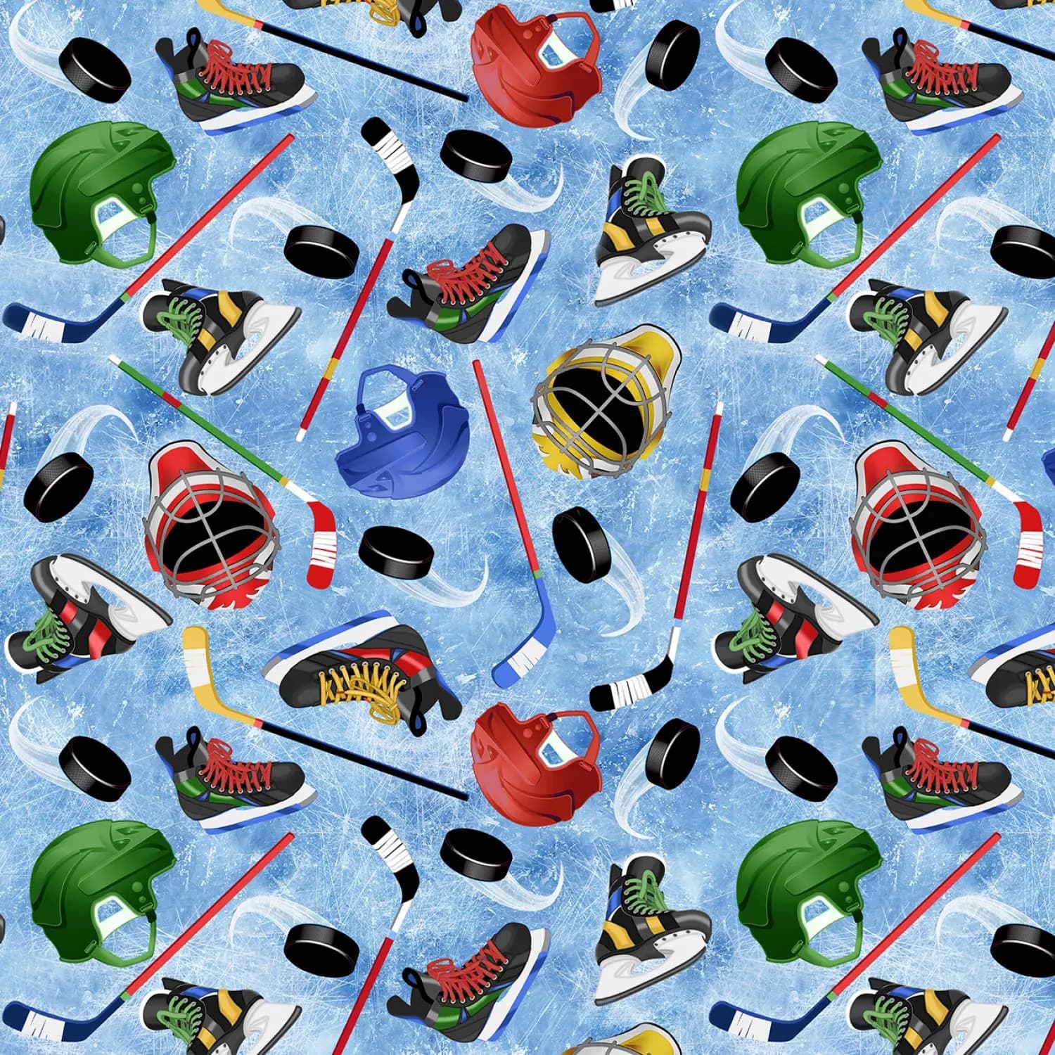 Hockey Cotton Fabric by the Yard - Tossed Hockey Equipment Blue - Timeless Treasures CD3057-BLUE