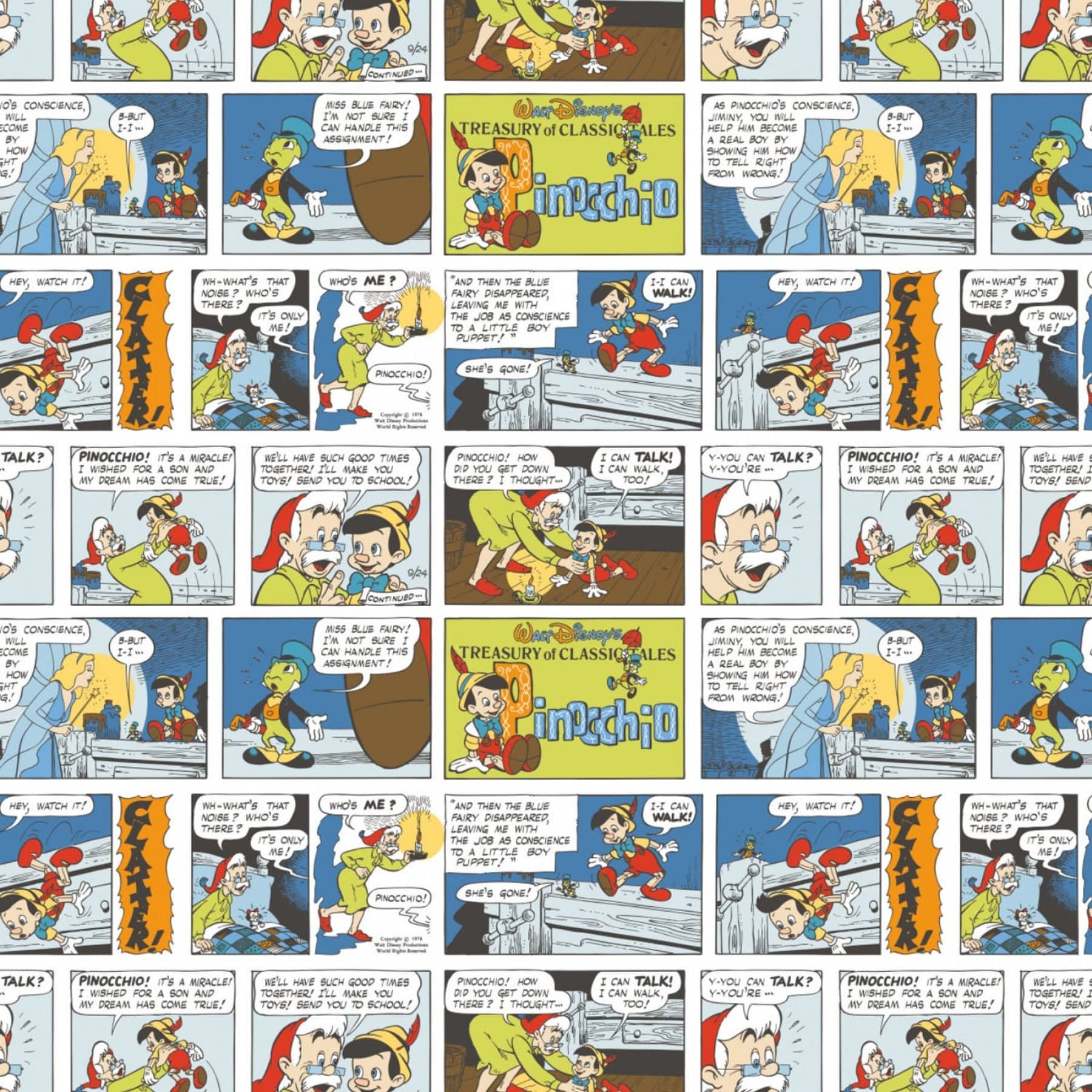 Pinocchio Cotton Fabric by the Yard - Disney Pinocchio Comic Strip - Camelot 85340103-1