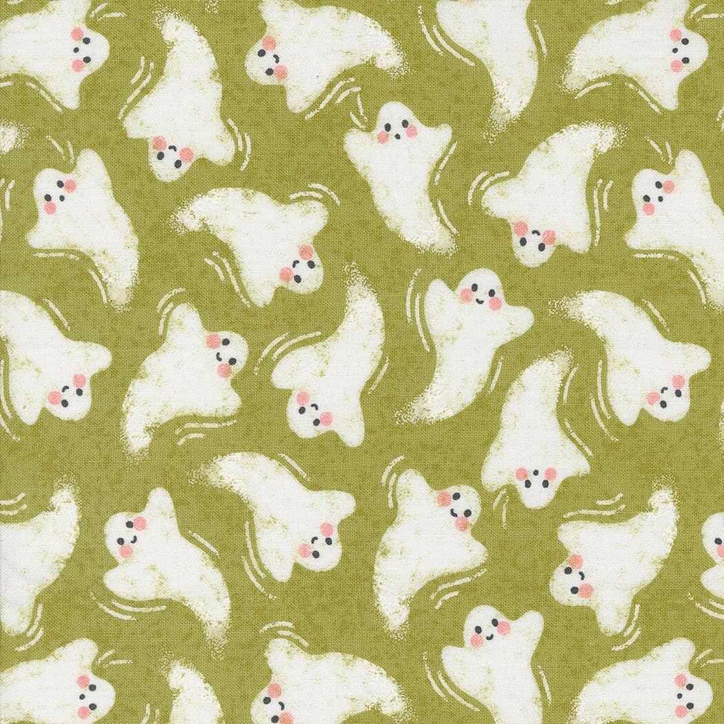 Halloween Cotton Fabric by the Yard - Hey Boo Friendly Ghost Witchy Green - Lella Boutique for Moda Fabrics 5211-17