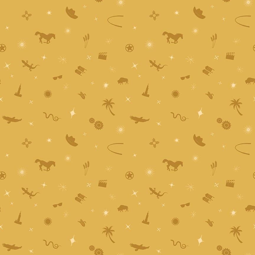 Western Cotton Fabric by the Yard - Route 66 Symbol Toss Gold - Riley Blake C15015-GOLD