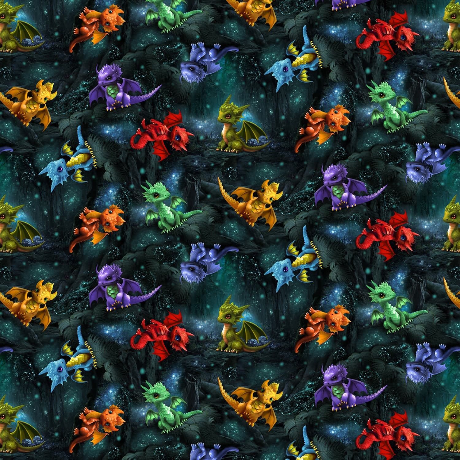 Dragon Cotton Fabric by the Yard - Baby Dragons Tossed Dragons Forest - Timeless Treasures CD3087-FOREST