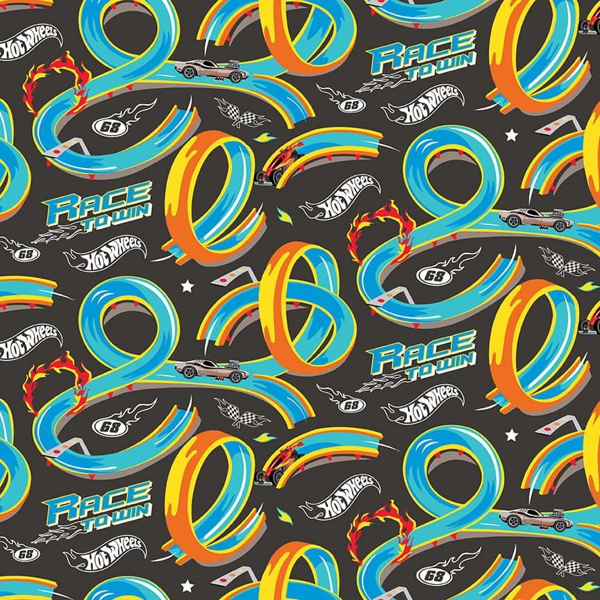 Hot Wheels Cotton Fabric by the Yard - Hot Wheels Made to Race Track Charcoal - Riley Blake C15302-CHARCOAL