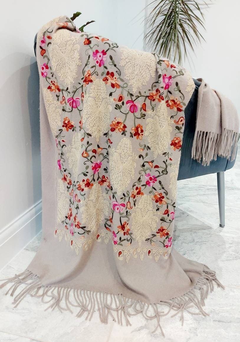 Embroidered cashmere shawl,soft wool shawl,wraps,beige,scarves,gifts for her,kashmiri, mothers day ,mum gift christmas
