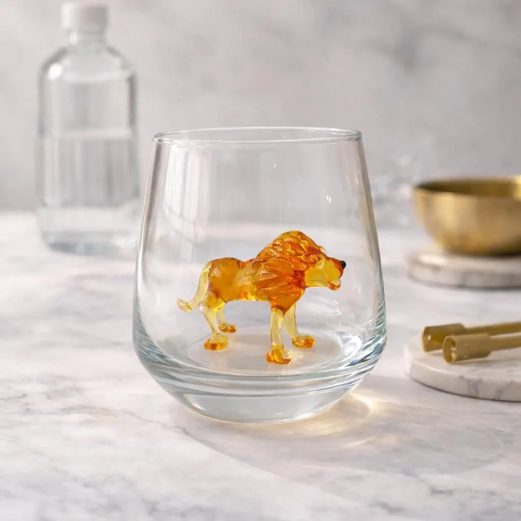 Stemless glass inside lion, hidden lion mug, water drinking cup, wild animal cup, lion gift, birthday party glass, glassware, housewarming