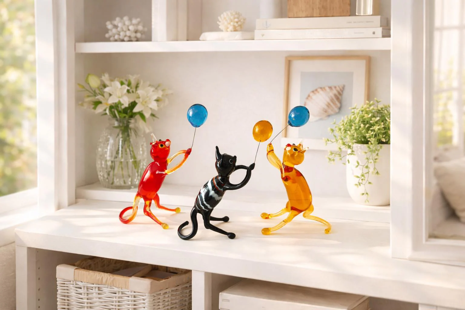 Art glass cat with balloon, cat lover gift, home decor, Murano Glass cat, blown glass cat, glass miniature animal, cat ornament, desk animal