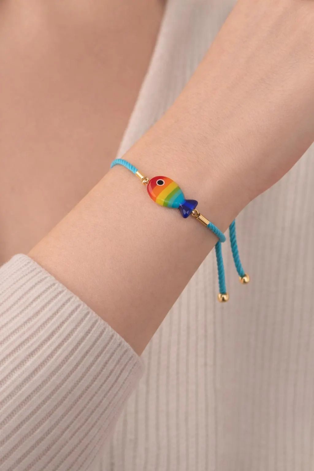 Rainbow Fish Wish Bracelet, Lampwork Murano Glass Fish Bracelet, Friendship Beach Jewelry, Adjustable Cord Gift