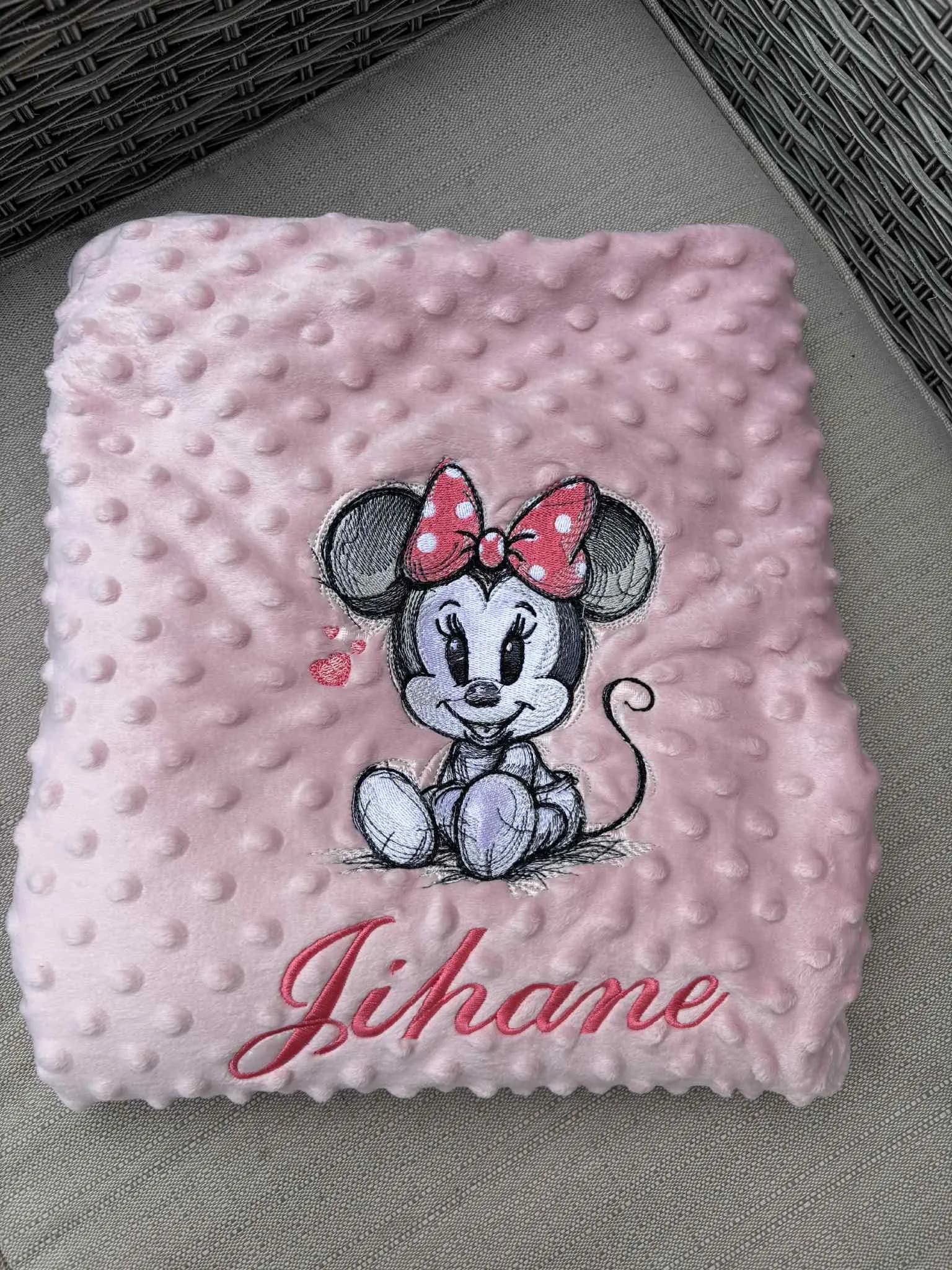 Plaid couverture minky gaze coton motif minnie idée cadeaux naissance bébé rose blanc beige
