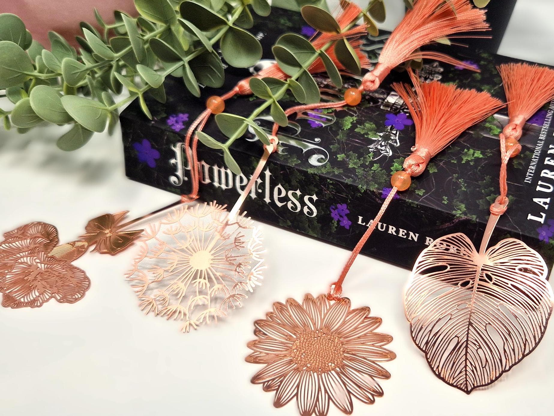 Botanical Rose Gold Metal Flower Bookmark, Vein Detail - image 2