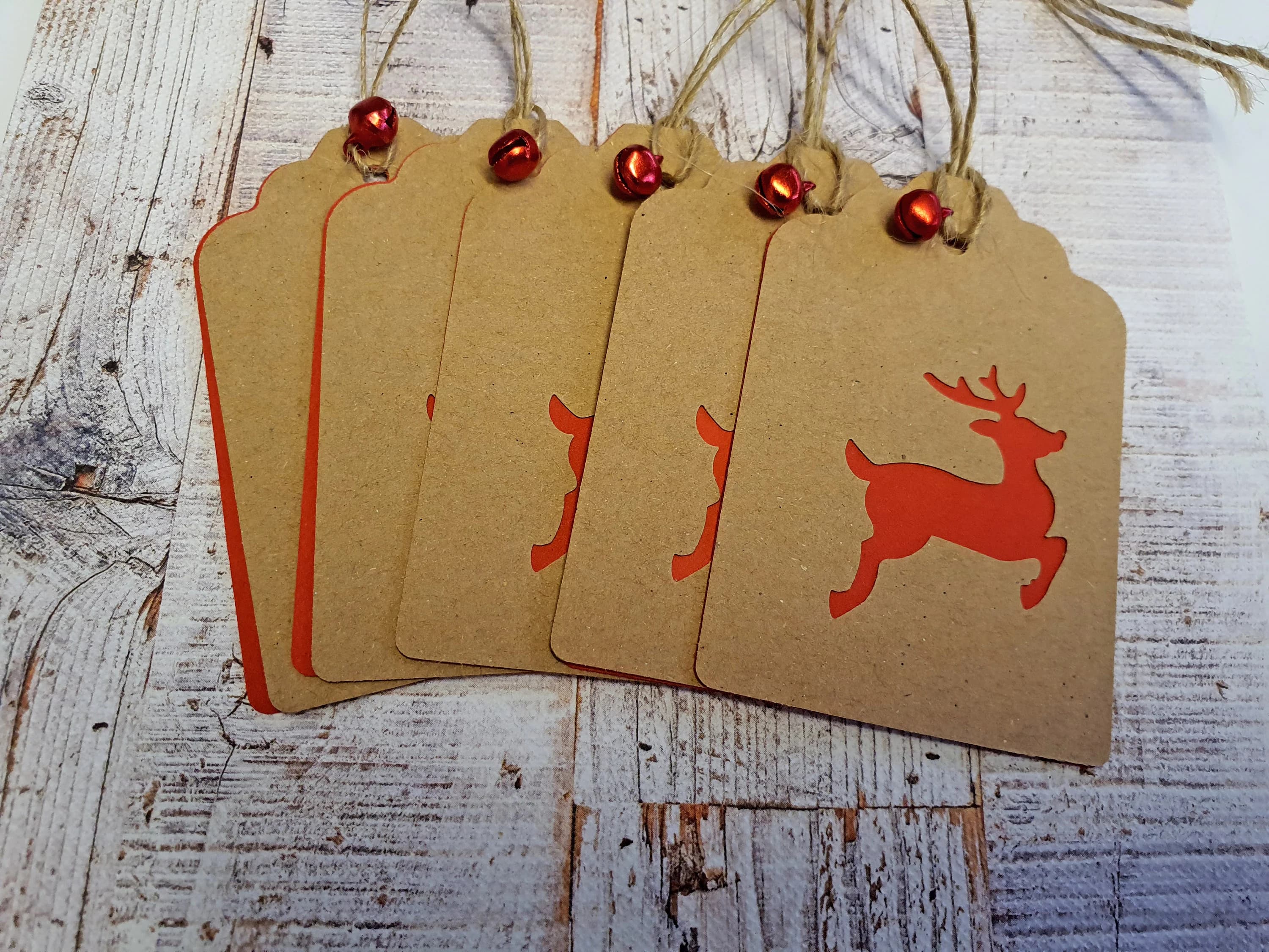 Handmade Kraft Christmas Gift Tags, Red Stag & Bell