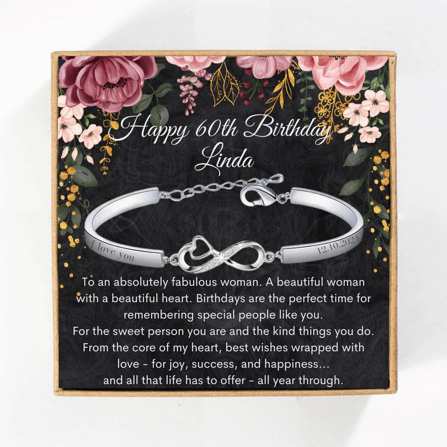 60th Birthday Gift for Her Personalized Name Bracelet Infinity Symbol Jewelry Gift for Mom, Wife, Sister, Friend Custom Bracelet for Women