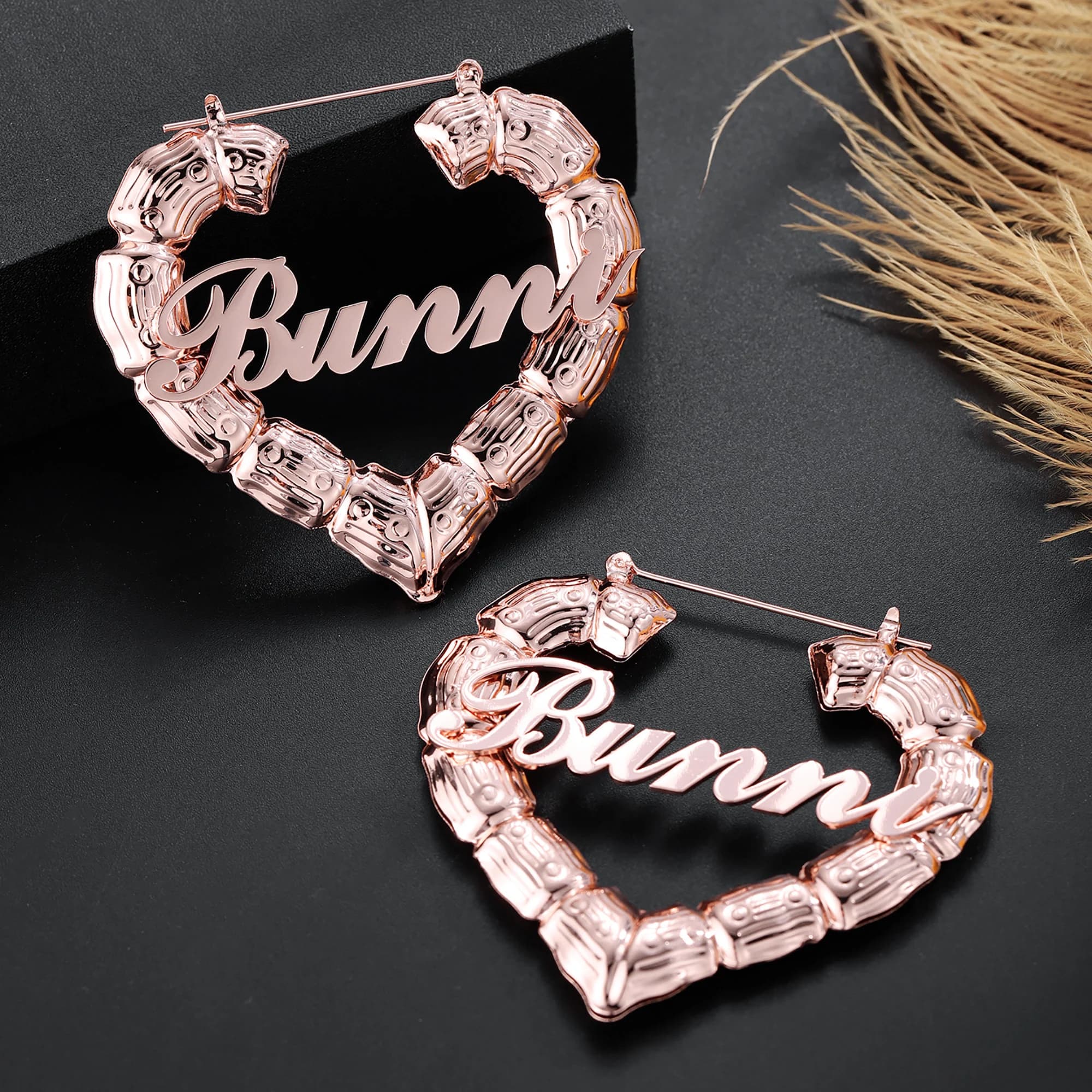 Heart Bamboo Name Earrings,Custom Name Earrings, Bamboo Hoop, Monogram Jewelry, Nameplate Hoops, Bamboo Earrings Name, Nurse Gift·Heart hoop - image 4