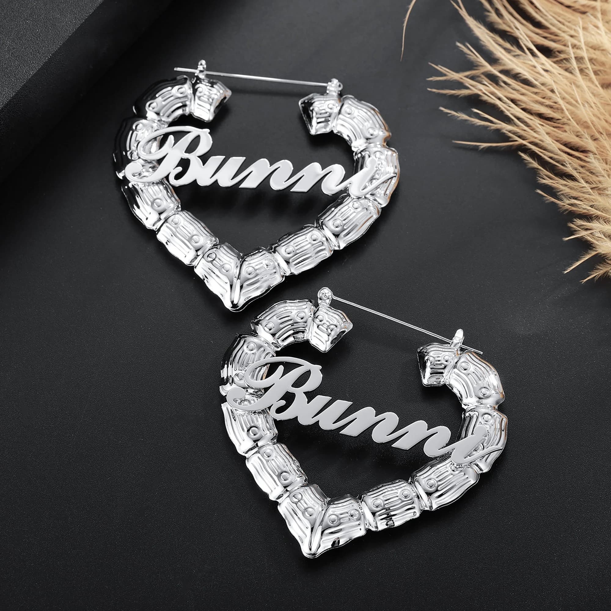 Heart Bamboo Name Earrings,Custom Name Earrings, Bamboo Hoop, Monogram Jewelry, Nameplate Hoops, Bamboo Earrings Name, Nurse Gift·Heart hoop - image 3