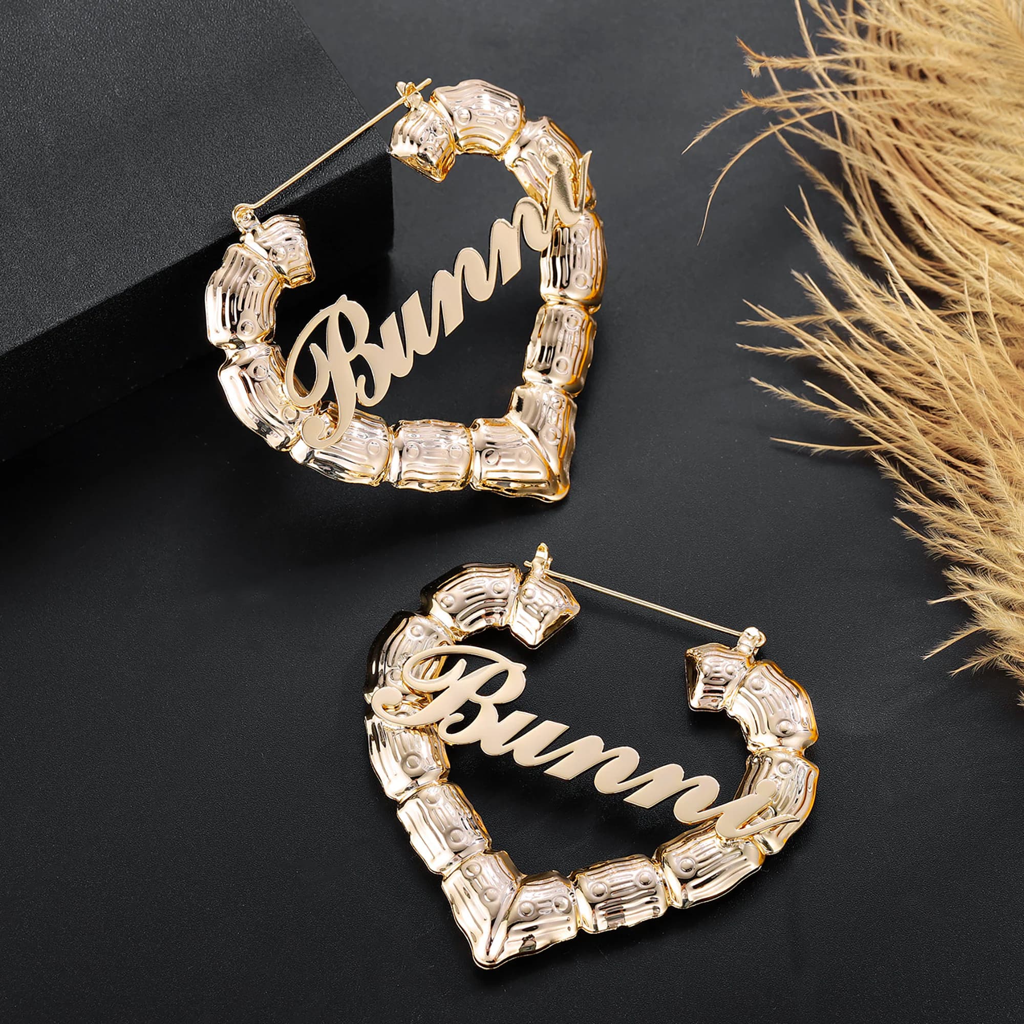 Heart Bamboo Name Earrings,Custom Name Earrings, Bamboo Hoop, Monogram Jewelry, Nameplate Hoops, Bamboo Earrings Name, Nurse Gift·Heart hoop