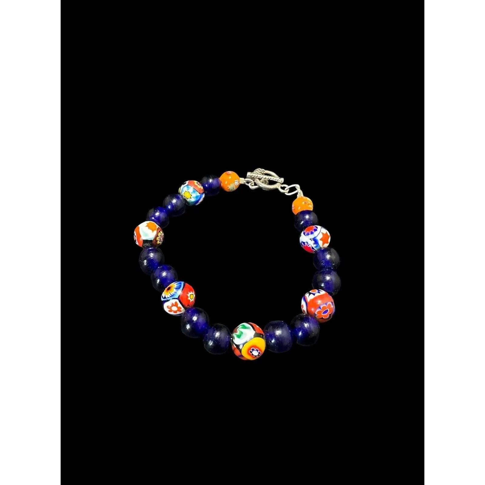 Vintage Blue Glass Floral Millefiori Toggle Bracelet Round Glass Beaded 8 in - image 3