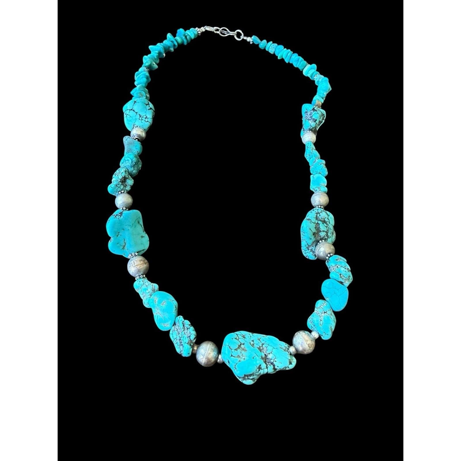 Vintage Navajo Pearl Turquoise Nugget Sterling Silver Necklace 20” - image 4