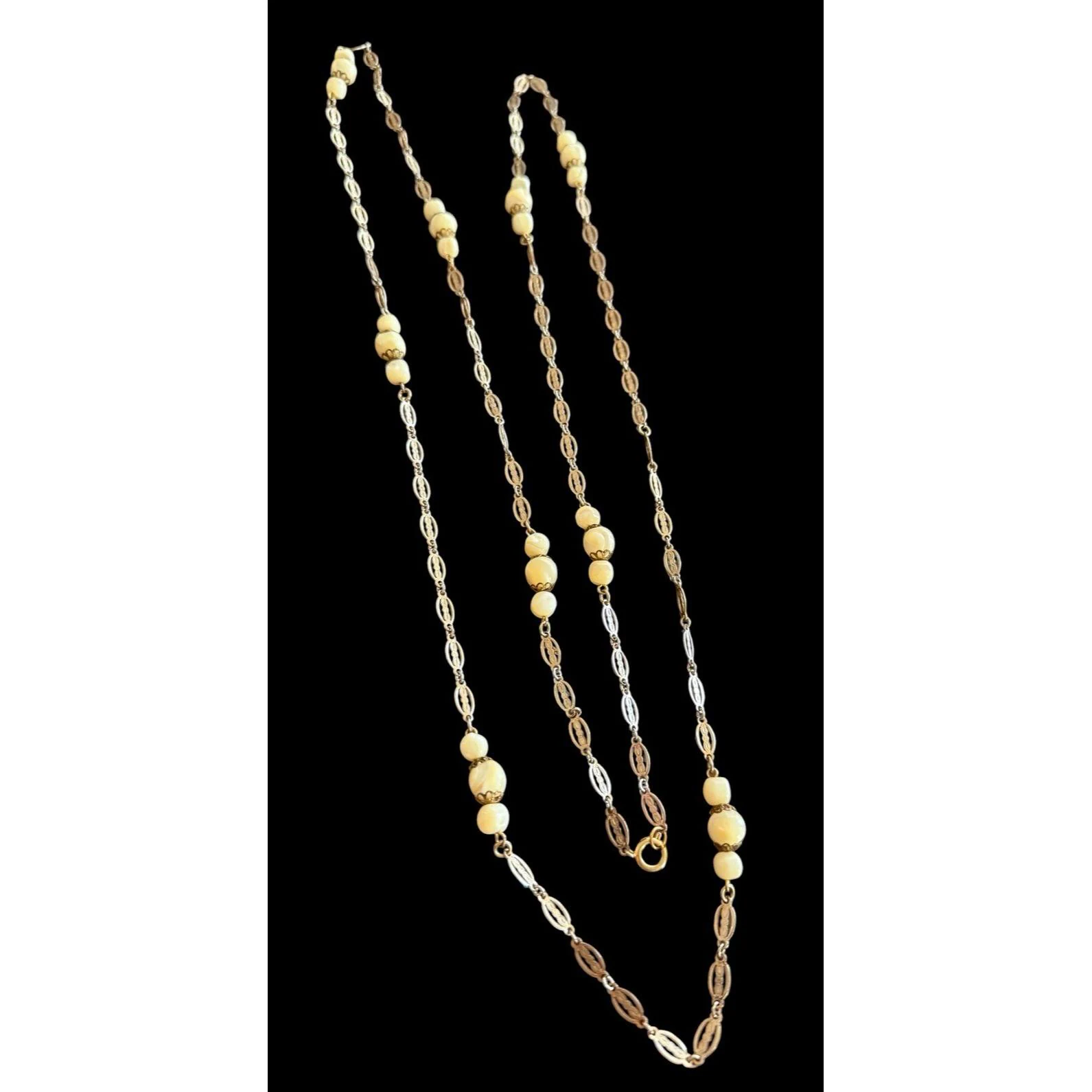 Art Deco Gold Tone Filigree Link Mother of Pearl Station Flapper Necklace Long