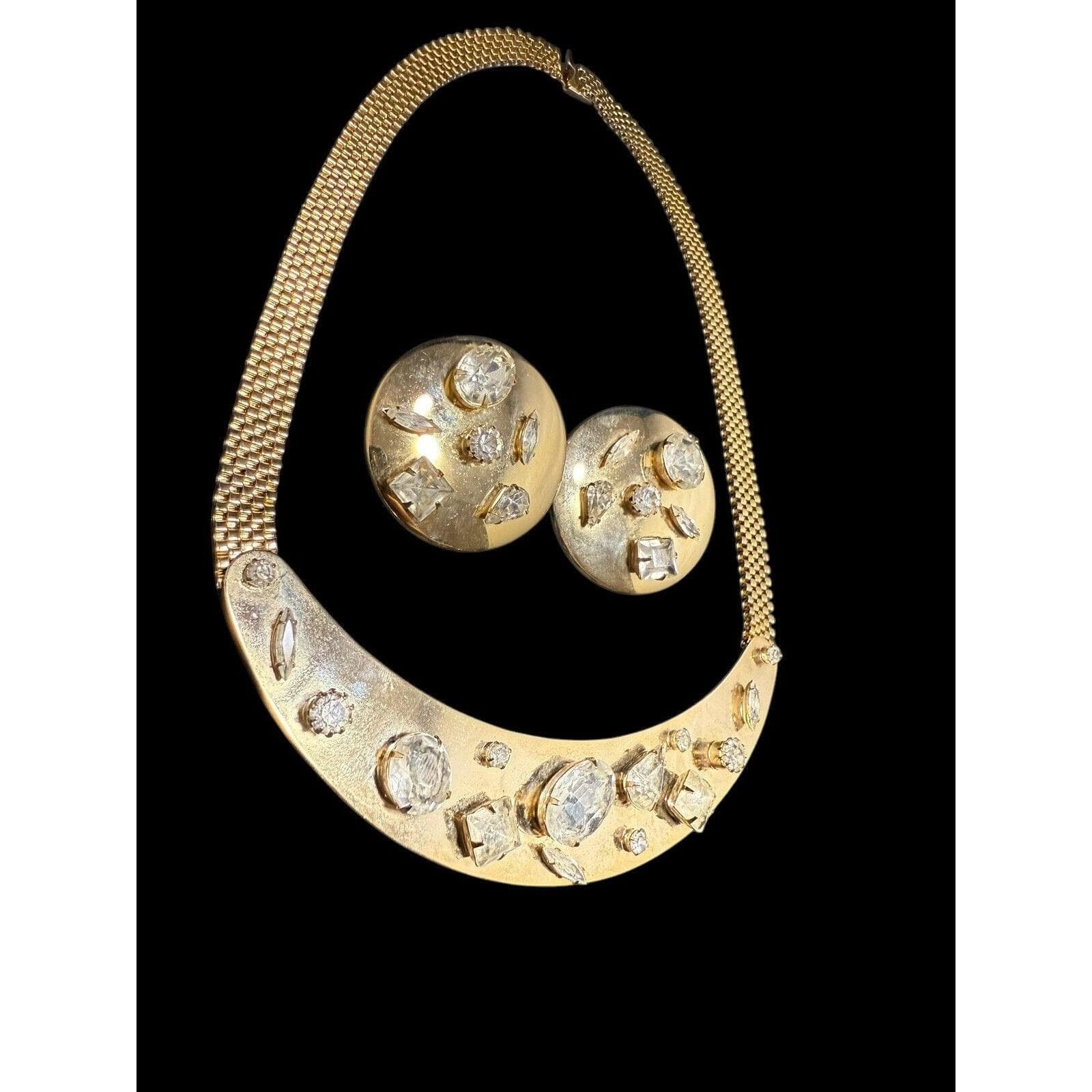 Vintage Jewelry Set Yellow Gold Plated Clip On Earrings Necklace Rhinestones - image 3