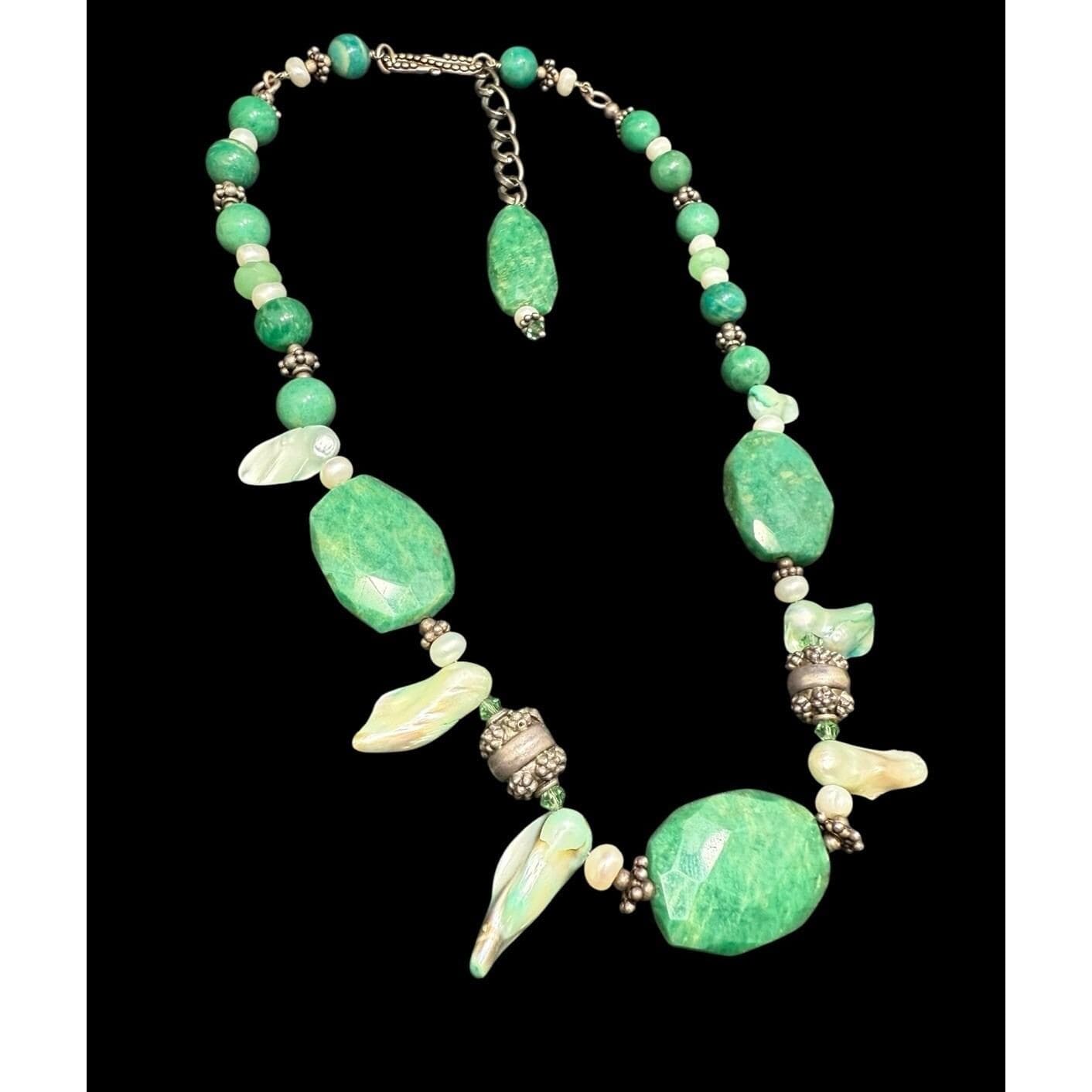 Vintage Sterling Silver Green Baroque Cultured Pearl Chrysoprase Necklace 22” - image 3